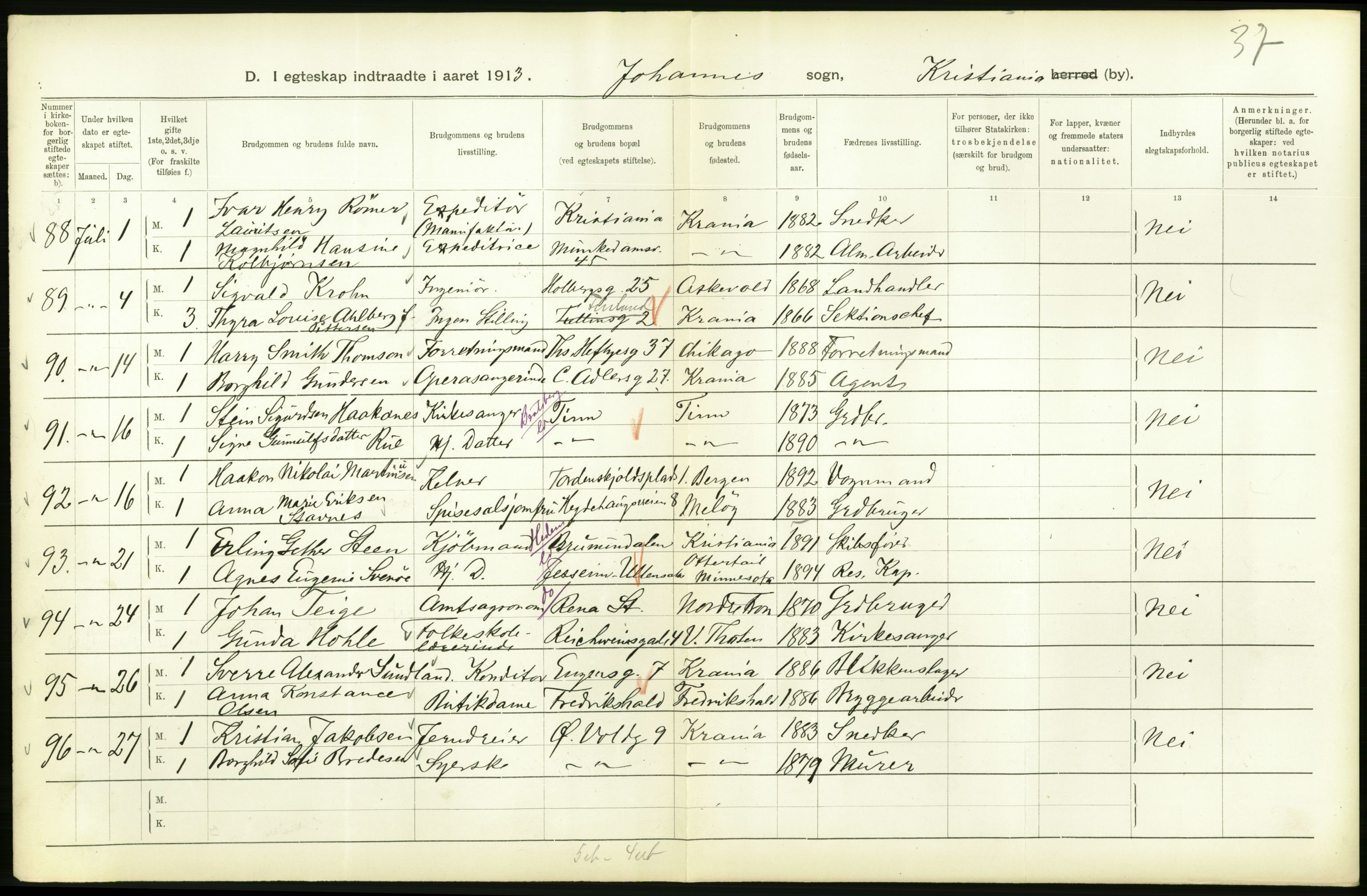 Statistisk sentralbyrå, Sosiodemografiske emner, Befolkning, AV/RA-S-2228/D/Df/Dfb/Dfbc/L0008: Kristiania: Gifte., 1913, s. 732