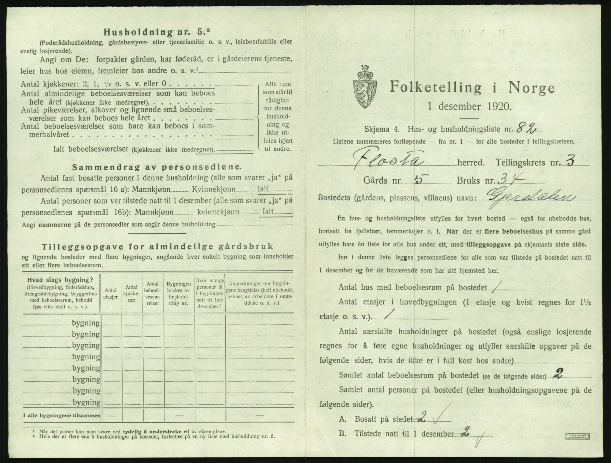 SAK, Folketelling 1920 for 0916 Flosta herred, 1920, s. 396