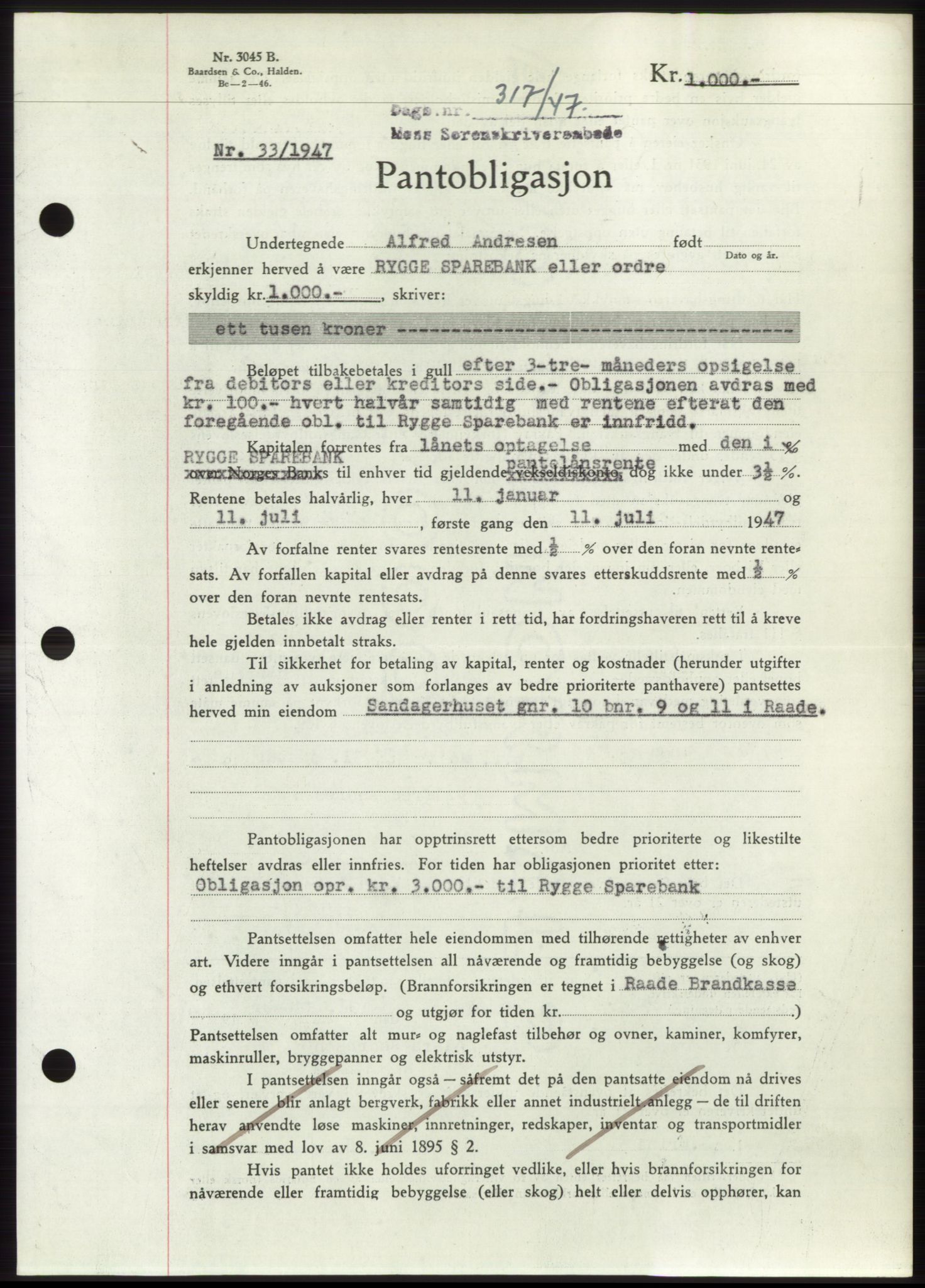 Moss sorenskriveri, SAO/A-10168: Pantebok nr. B16, 1946-1947, Dagboknr: 317/1947