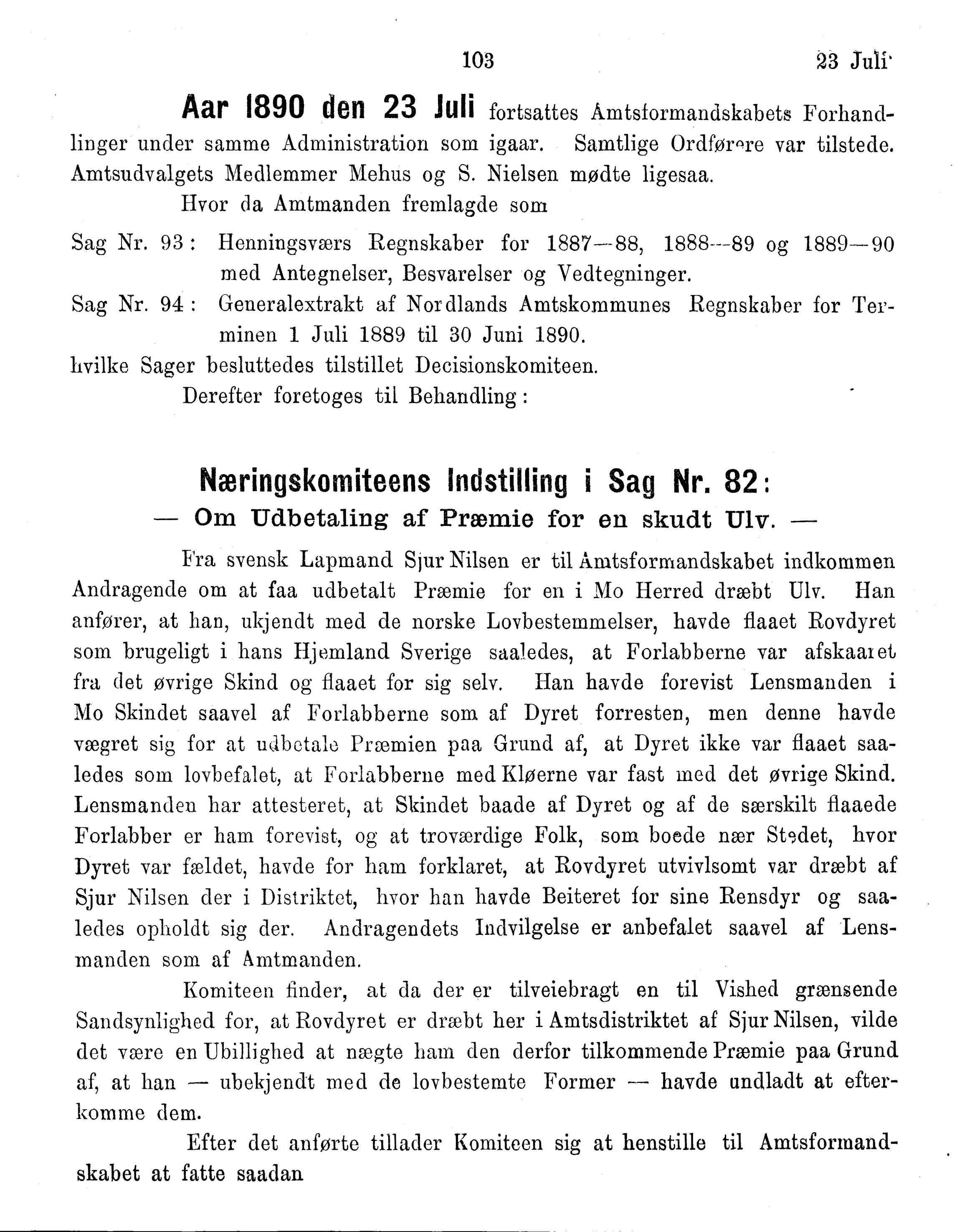 Nordland Fylkeskommune. Fylkestinget, AIN/NFK-17/176/A/Ac/L0015: Fylkestingsforhandlinger 1886-1890, 1886-1890, s. 103