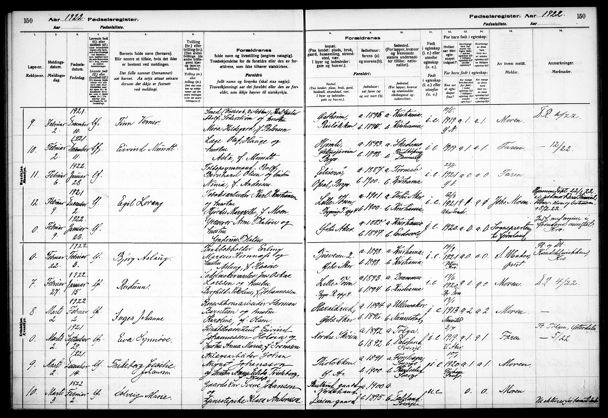 Østre Aker prestekontor Kirkebøker, AV/SAO-A-10840/J/Ja/L0001: Fødselsregister nr. I 1, 1916-1923, s. 150