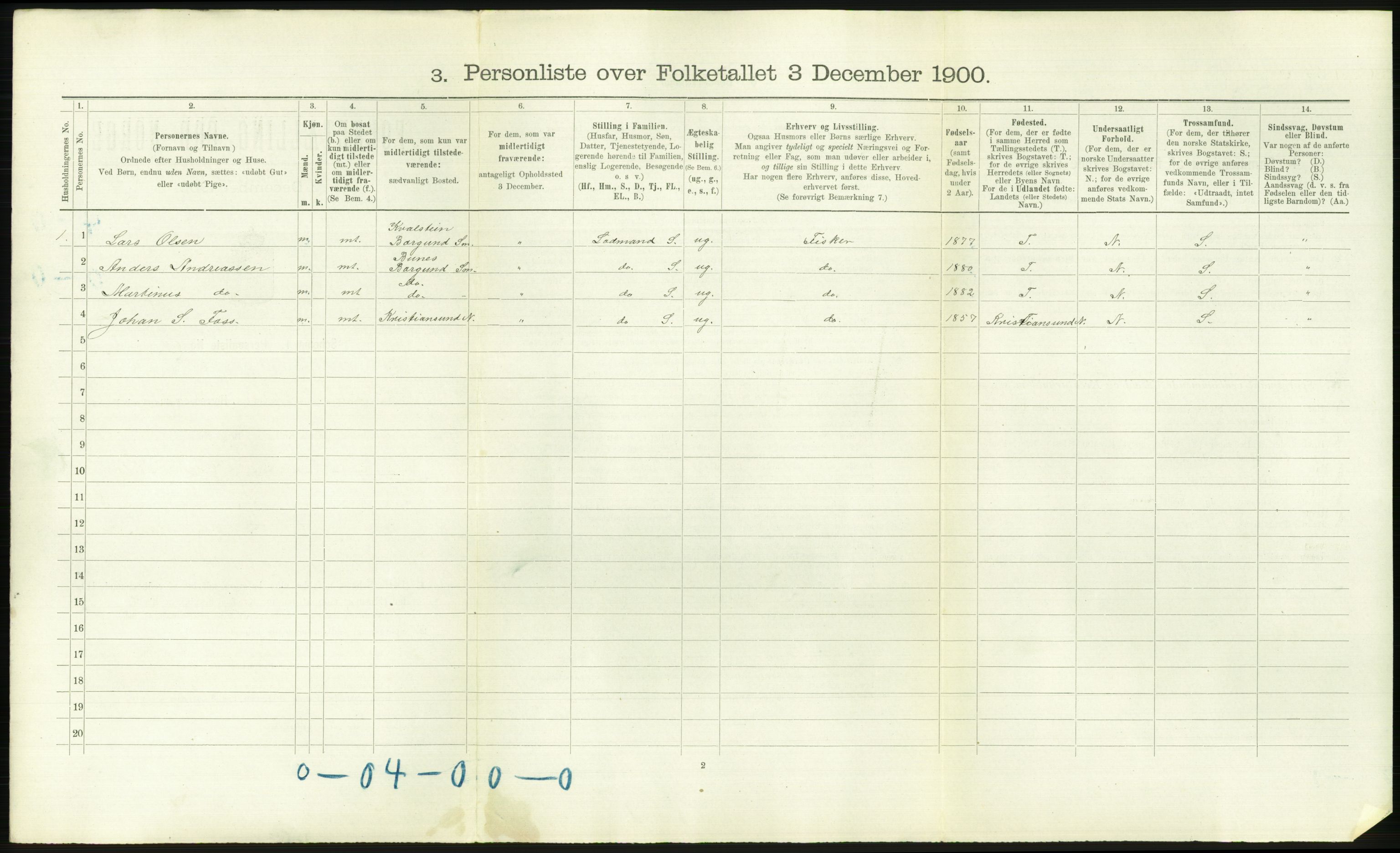 RA, Folketelling 1900 - skipslister med personlister for skip i norske havner, utenlandske havner og til havs, 1900, s. 2924