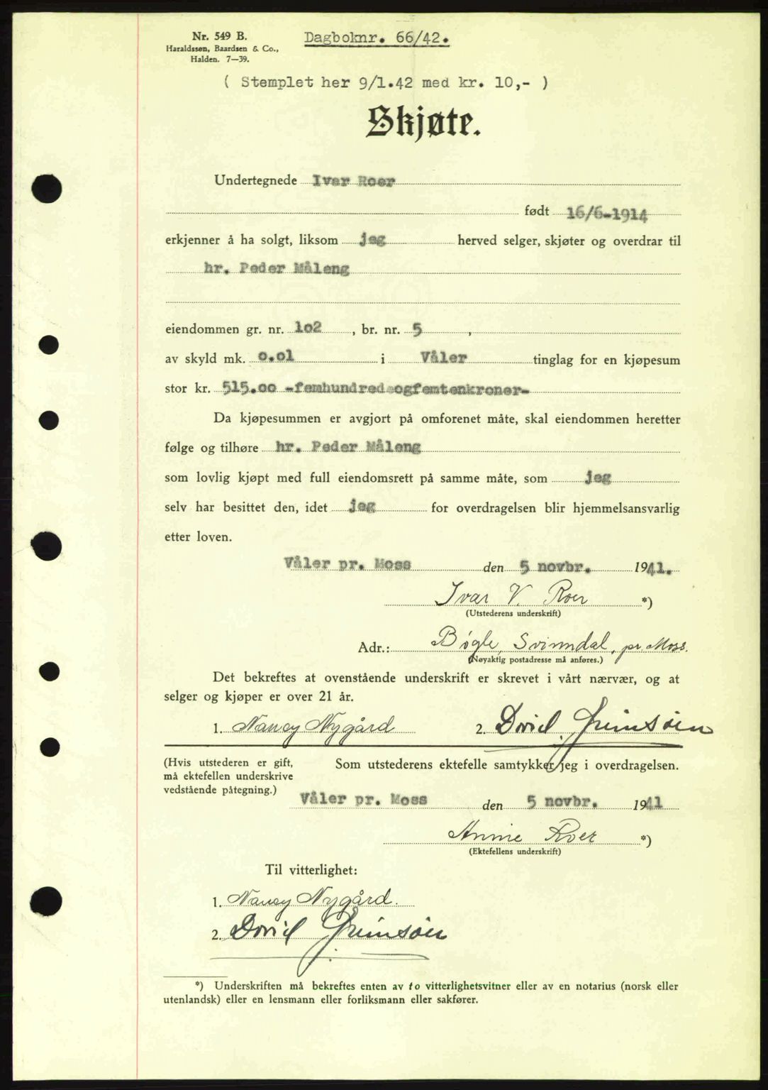 Moss sorenskriveri, SAO/A-10168: Pantebok nr. A9, 1941-1942, Dagboknr: 66/1942