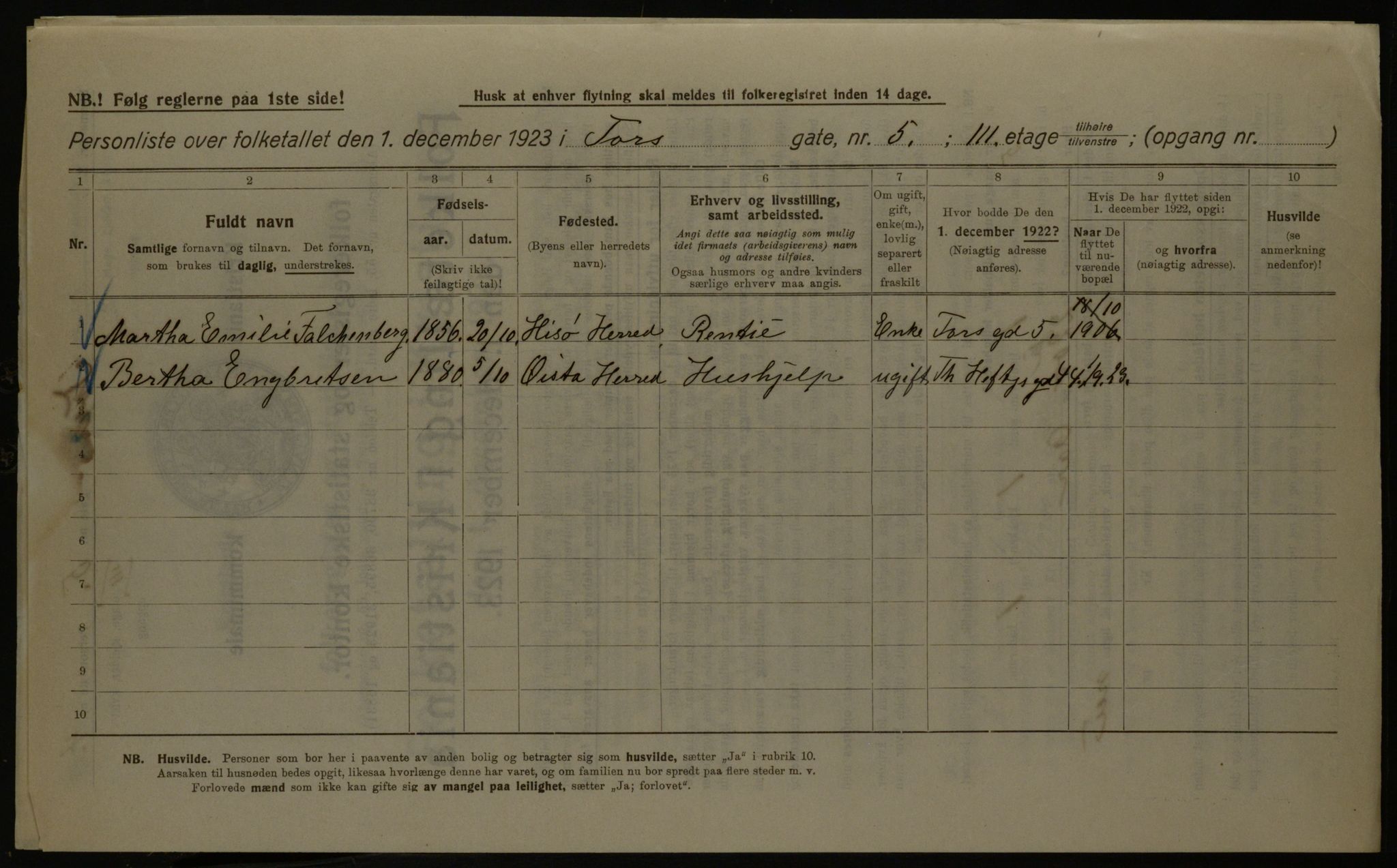 OBA, Kommunal folketelling 1.12.1923 for Kristiania, 1923, s. 126159