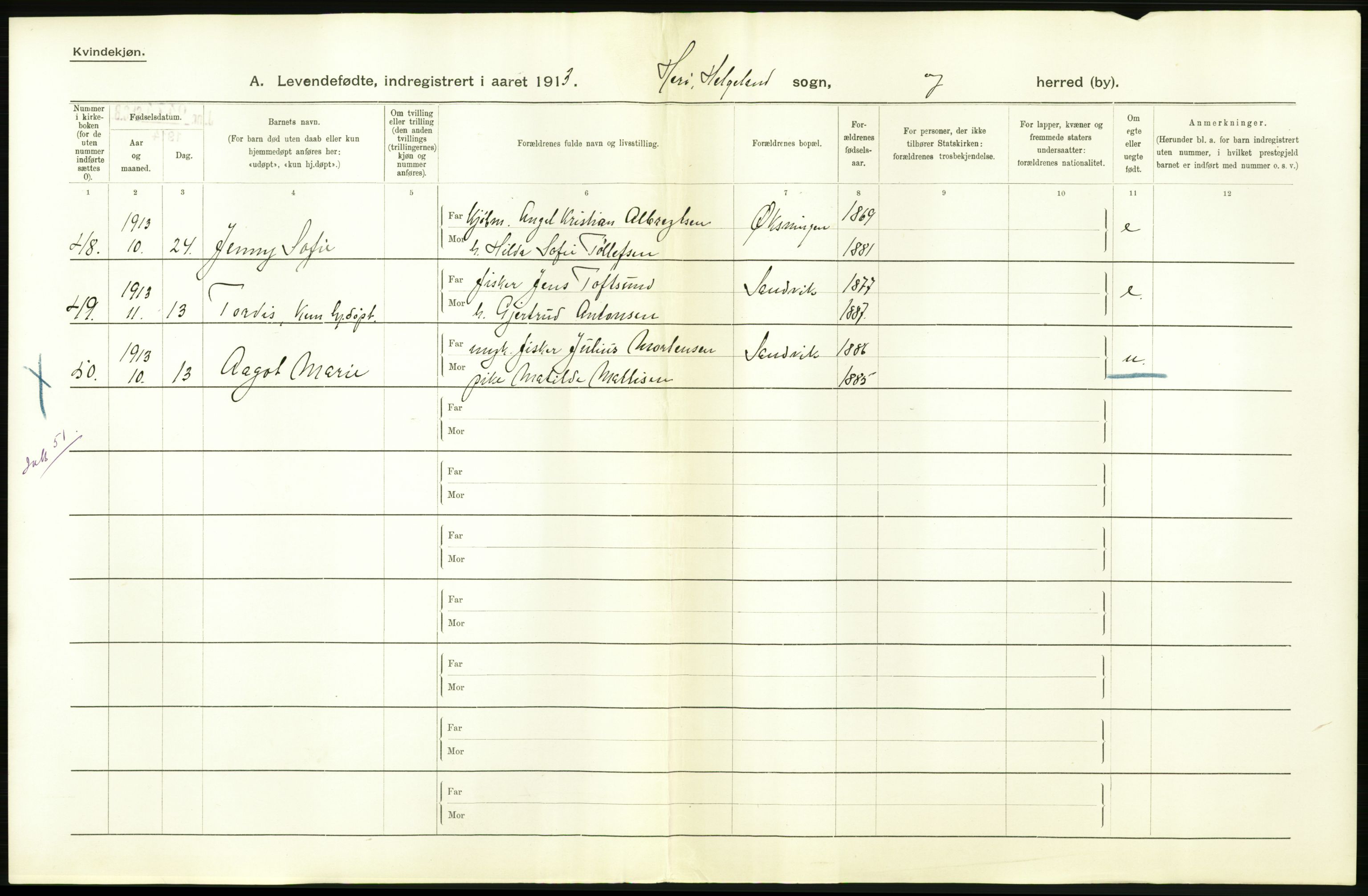 Statistisk sentralbyrå, Sosiodemografiske emner, Befolkning, AV/RA-S-2228/D/Df/Dfb/Dfbc/L0043: Nordlands amt: Levendefødte menn og kvinner. Bygder., 1913