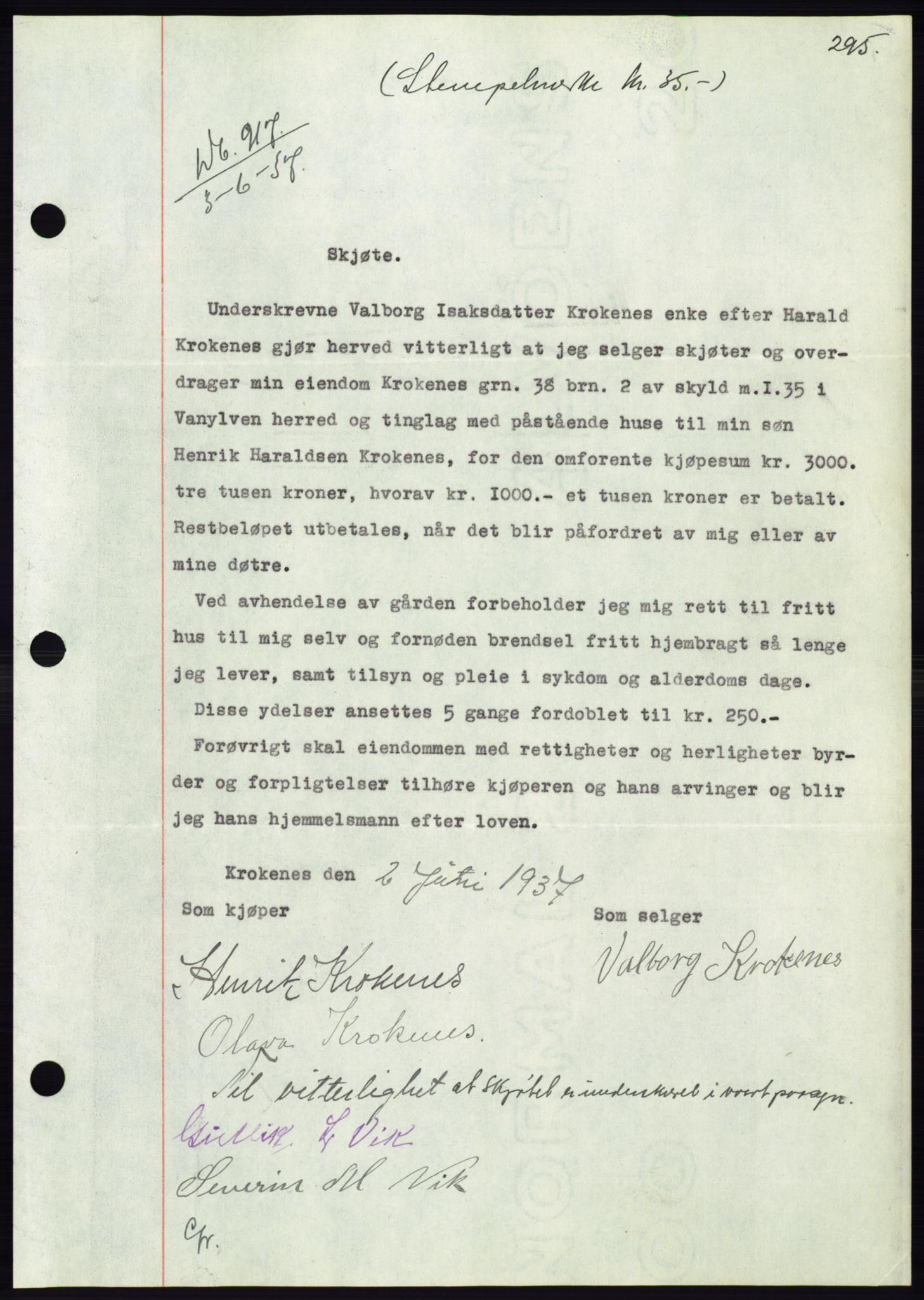 Søre Sunnmøre sorenskriveri, SAT/A-4122/1/2/2C/L0063: Pantebok nr. 57, 1937-1937, Dagboknr: 917/1937