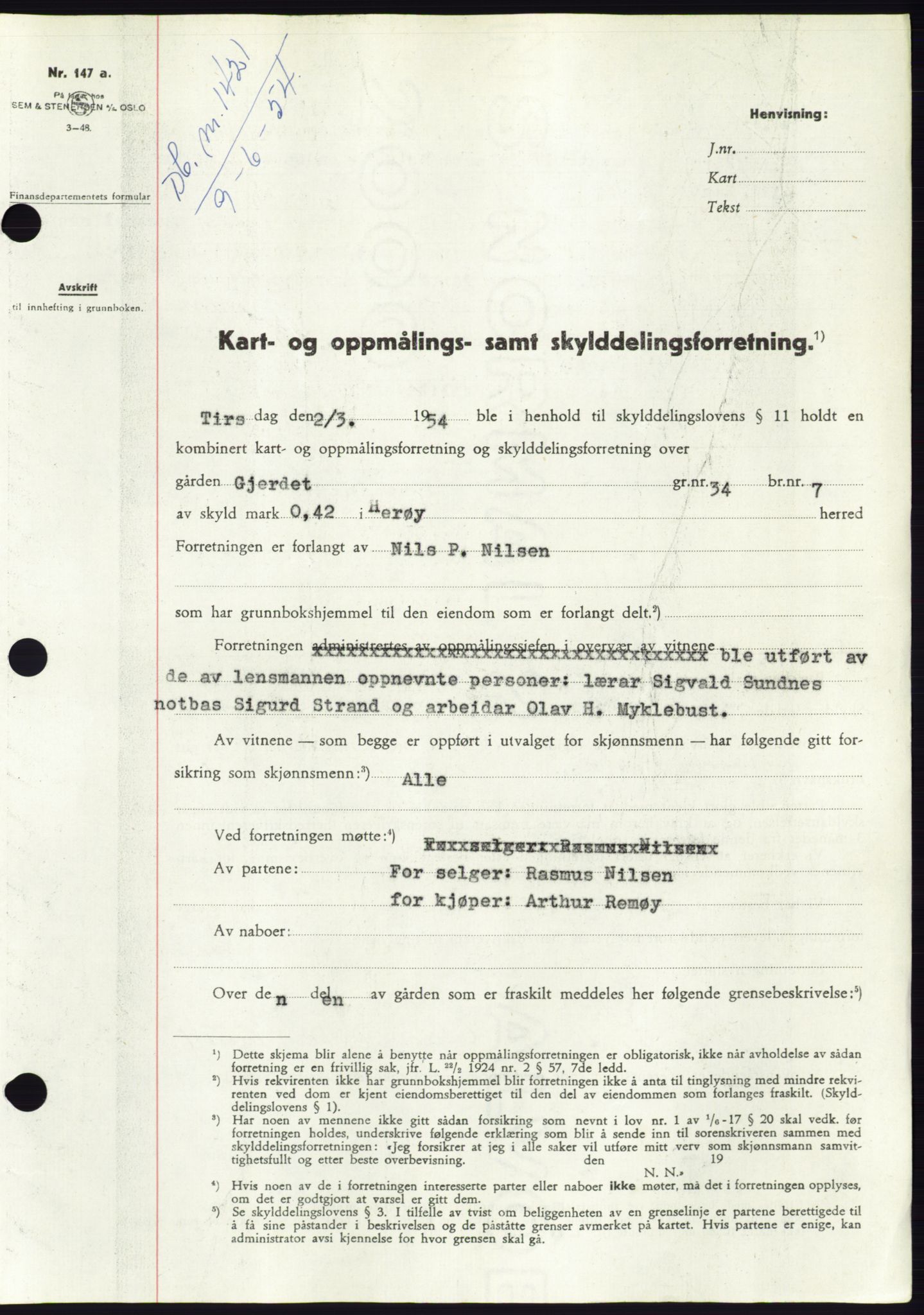 Søre Sunnmøre sorenskriveri, SAT/A-4122/1/2/2C/L0098: Pantebok nr. 24A, 1954-1954, Dagboknr: 1421/1954