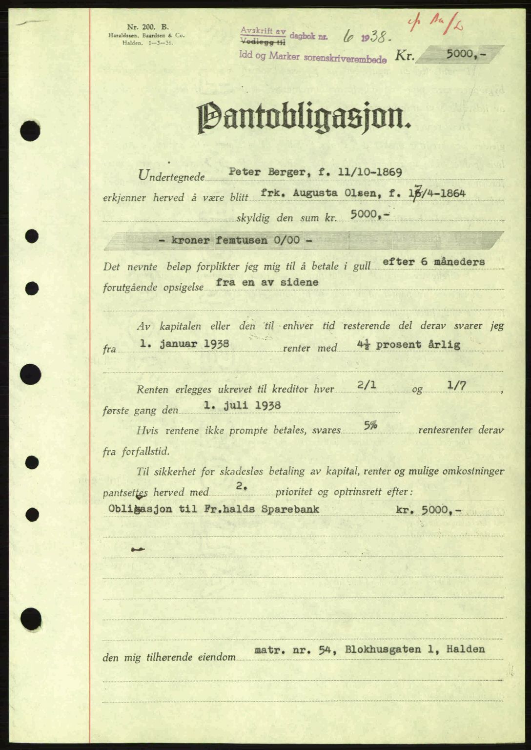 Idd og Marker sorenskriveri, AV/SAO-A-10283/G/Gb/Gbc/L0001: Pantebok nr. B1-3, 1936-1939, Dagboknr: 6/1938