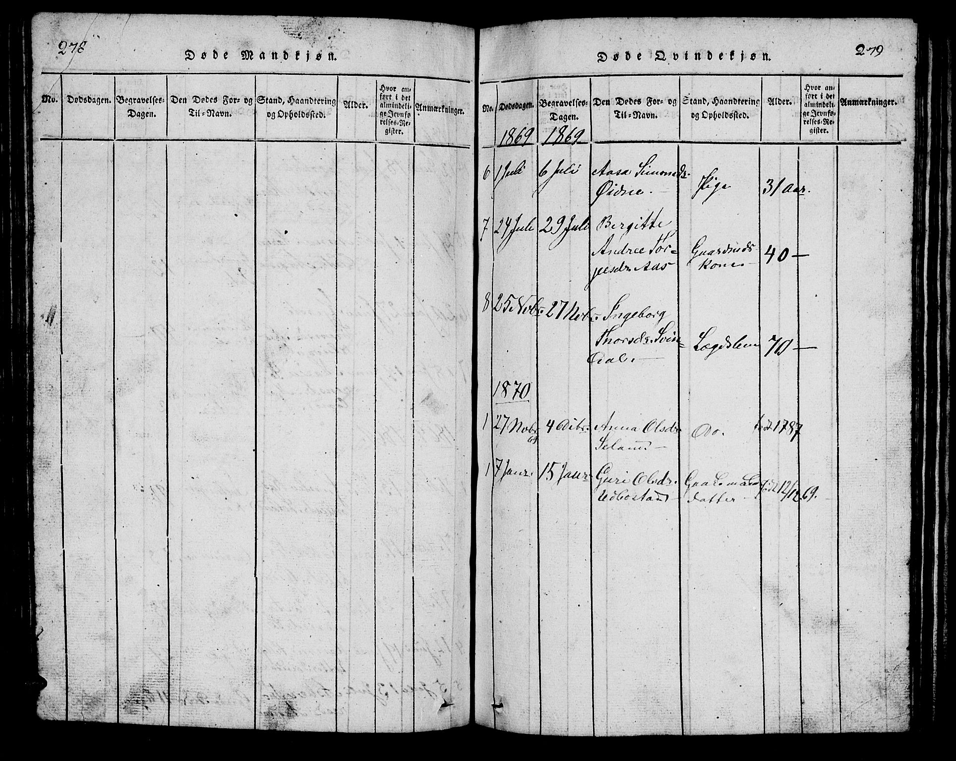 Bjelland sokneprestkontor, SAK/1111-0005/F/Fb/Fbc/L0001: Klokkerbok nr. B 1, 1815-1870, s. 278-279