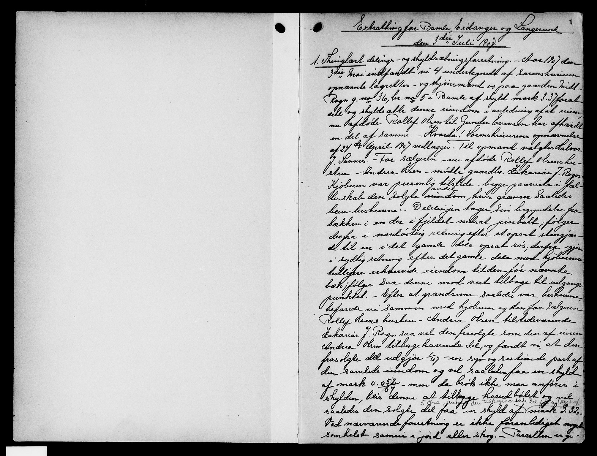 Bamble sorenskriveri, SAKO/A-214/G/Ga/Gab/L0007: Pantebok nr. II 7, 1907-1909, s. 1
