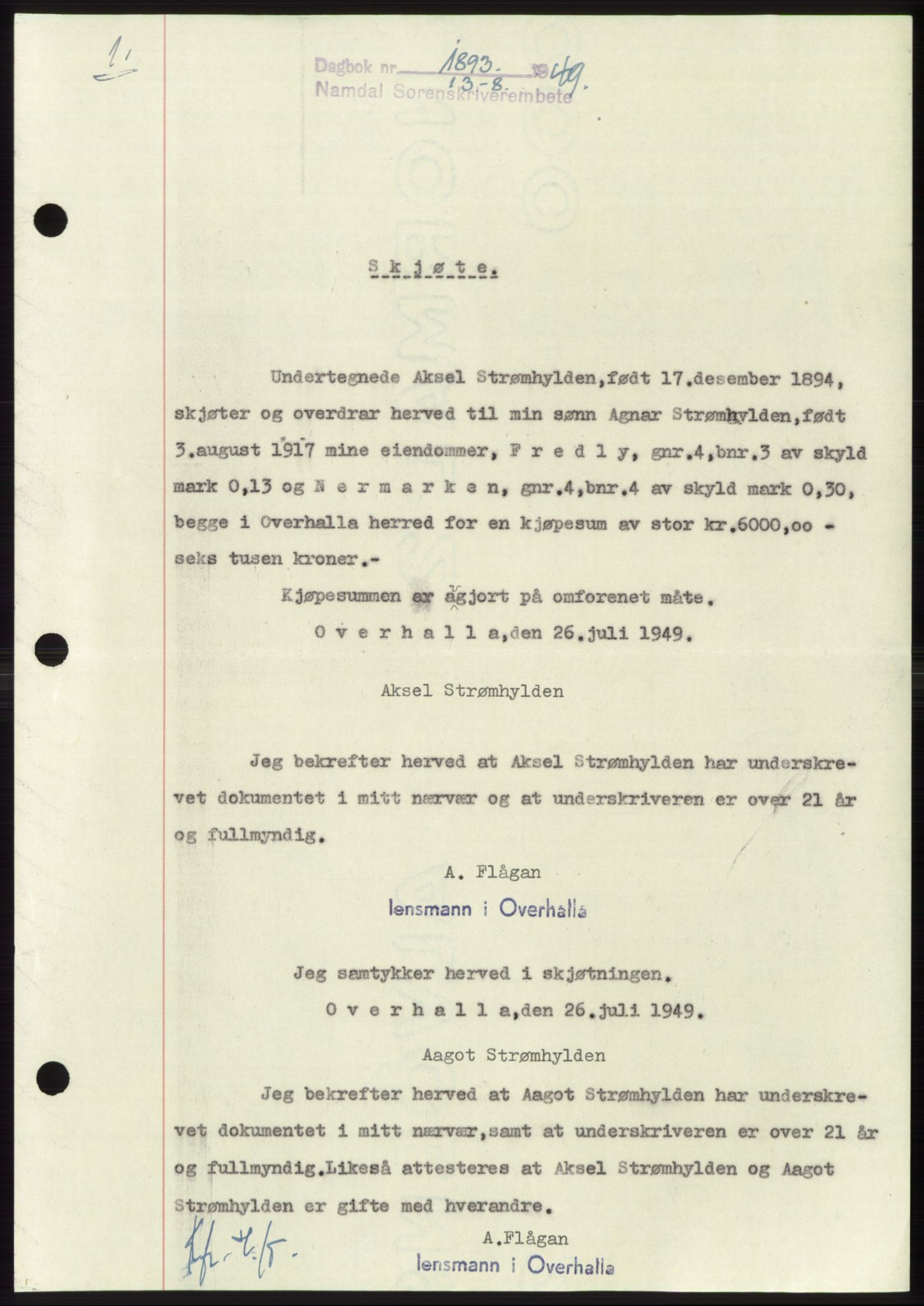Namdal sorenskriveri, SAT/A-4133/1/2/2C: Pantebok nr. -, 1949-1949, Dagboknr: 1893/1949