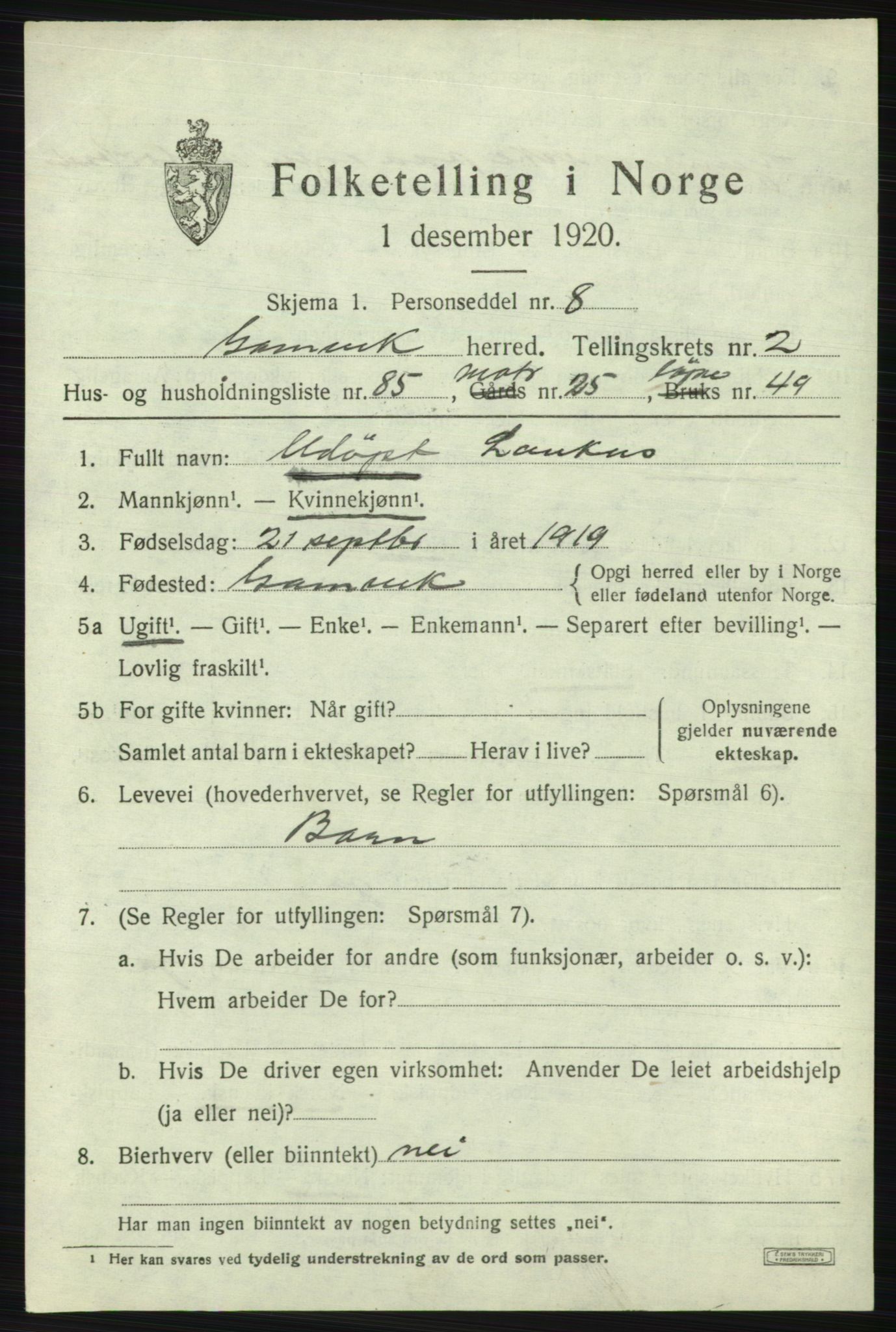 SATØ, Folketelling 1920 for 2023 Gamvik herred, 1920, s. 2394