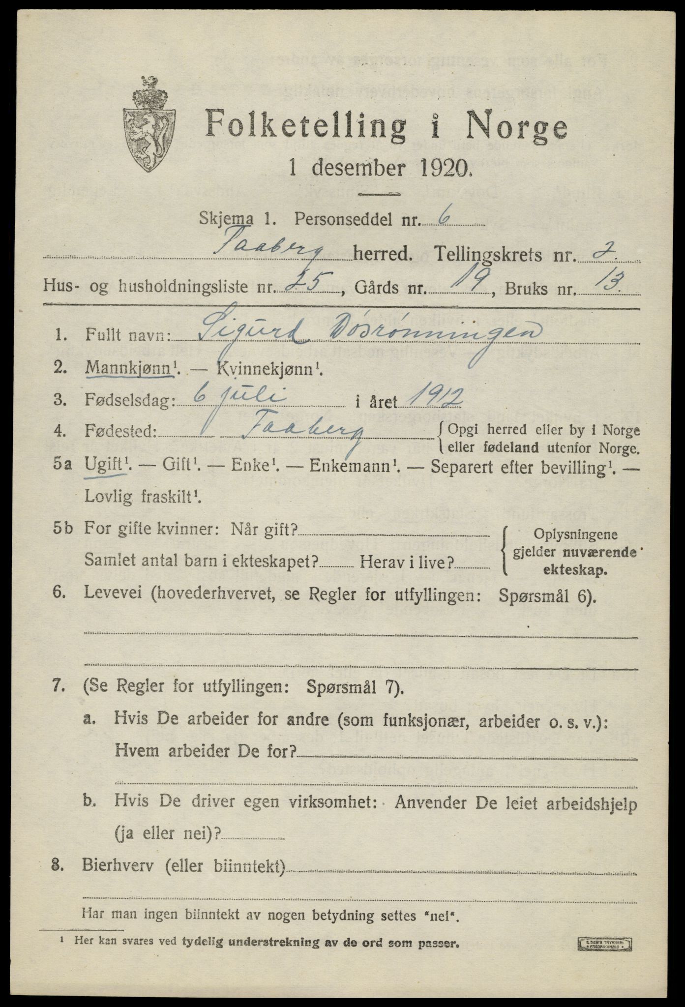 SAH, Folketelling 1920 for 0524 Fåberg herred, 1920, s. 3538
