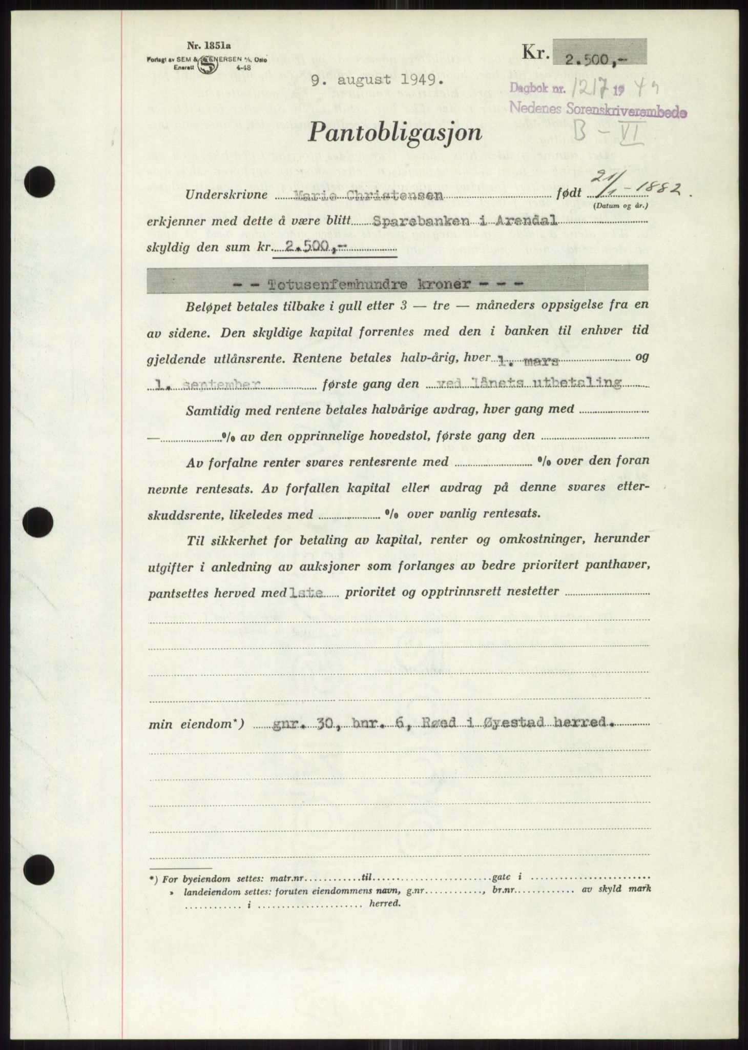 Nedenes sorenskriveri, AV/SAK-1221-0006/G/Gb/Gbb/L0006: Pantebok nr. B6, 1948-1949, Dagboknr: 1217/1949