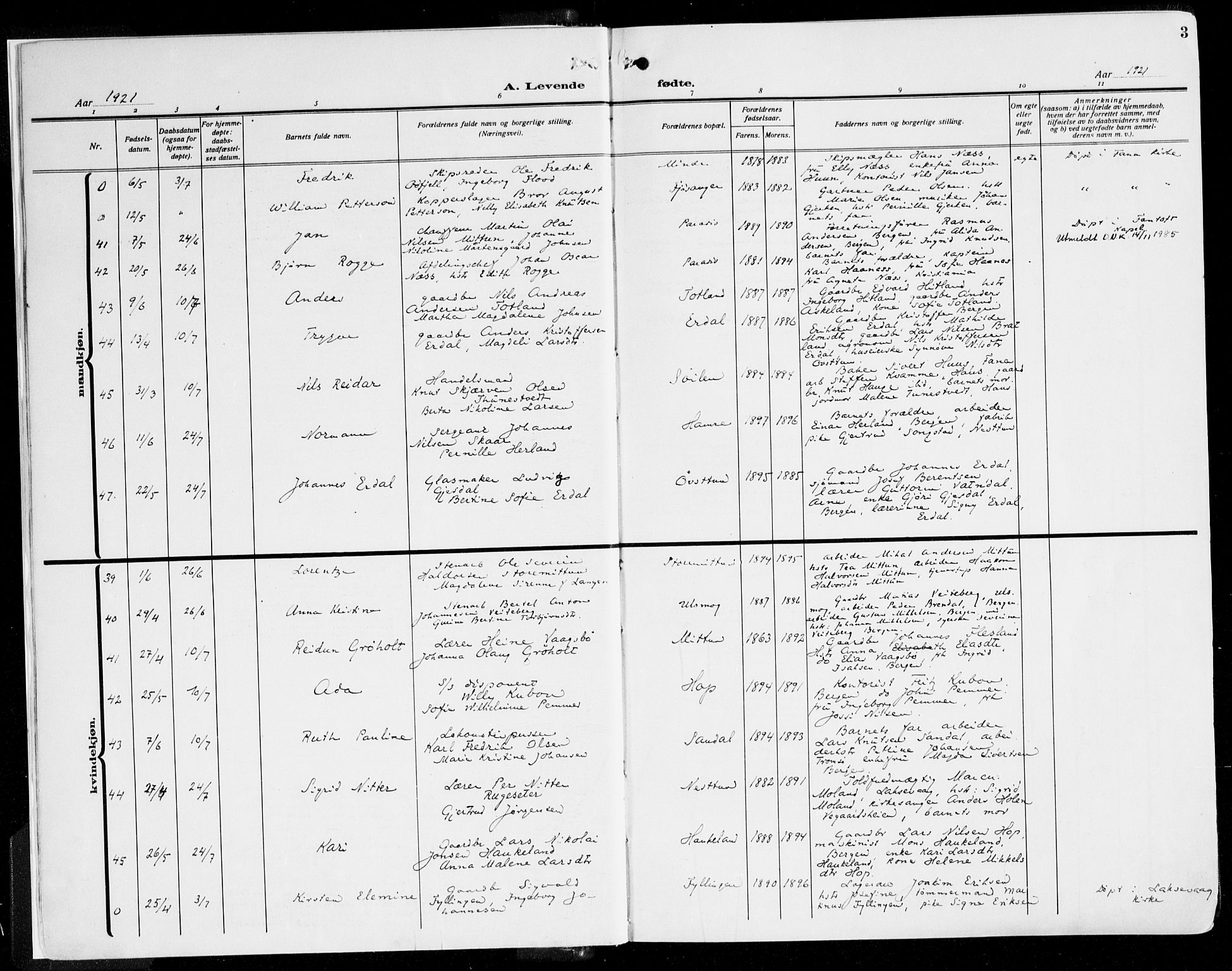 Fana Sokneprestembete, SAB/A-75101/H/Haa/Haaj/L0001: Ministerialbok nr. J 1, 1921-1935, s. 3