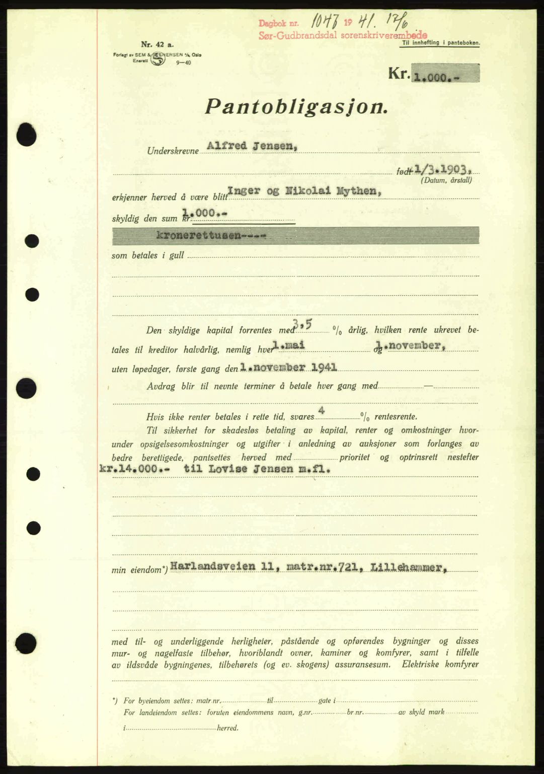 Sør-Gudbrandsdal tingrett, SAH/TING-004/H/Hb/Hbe/L0002: Pantebok nr. B2, 1939-1943, Dagboknr: 1047/1941
