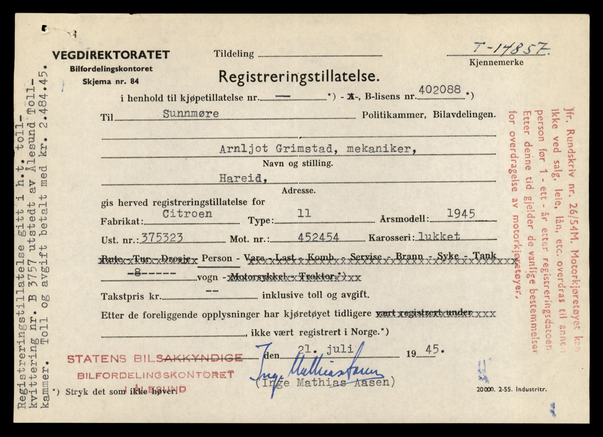 Møre og Romsdal vegkontor - Ålesund trafikkstasjon, AV/SAT-A-4099/F/Fe/L0048: Registreringskort for kjøretøy T 14721 - T 14863, 1927-1998, s. 3165