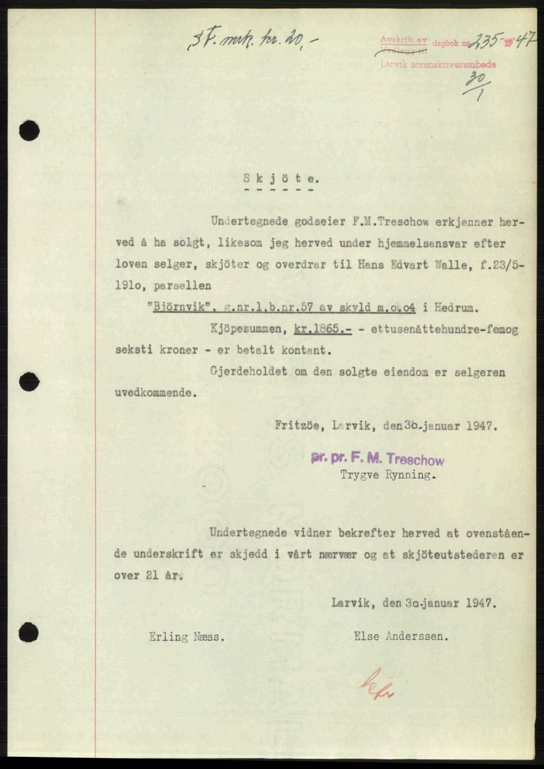 Larvik sorenskriveri, SAKO/A-83/G/Ga/Gab/L0083: Pantebok nr. A-17, 1946-1947, Dagboknr: 235/1947