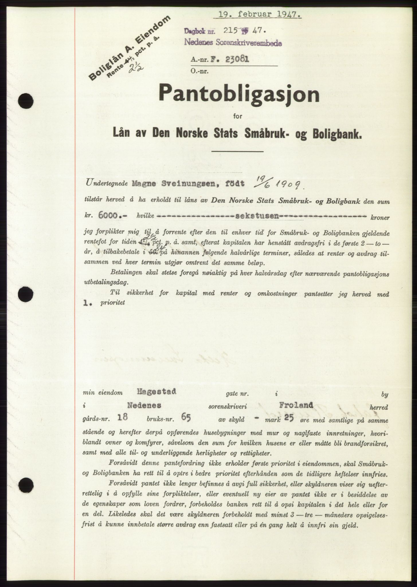 Nedenes sorenskriveri, SAK/1221-0006/G/Gb/Gbb/L0004: Pantebok nr. B4, 1947-1947, Dagboknr: 215/1947