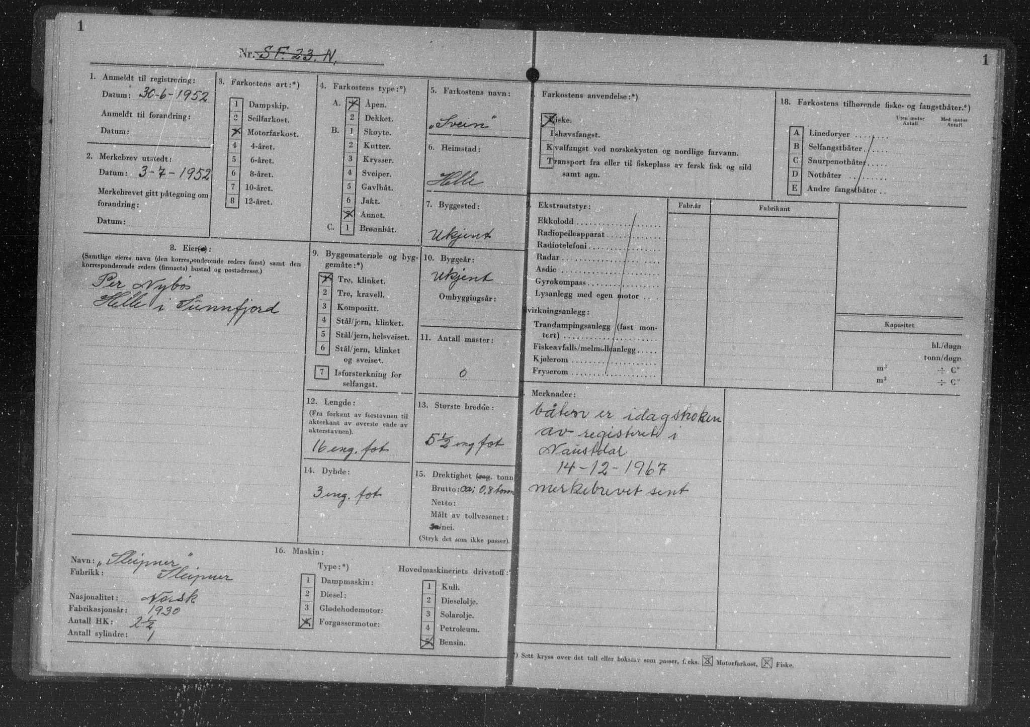 Fiskeridirektoratet - 1 Adm. ledelse - 13 Båtkontoret, AV/SAB-A-2003/I/Ia/Iag/L0050: 135.0727/2 Merkeprotokoll - Naustdal, 1951-1968, s. 1