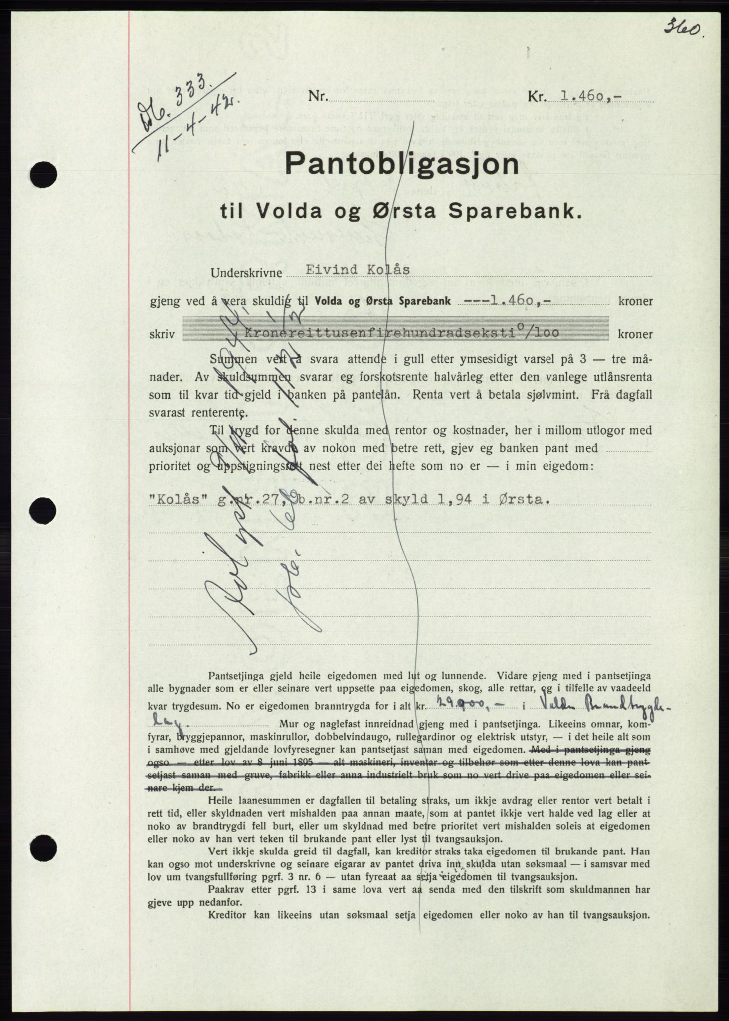 Søre Sunnmøre sorenskriveri, SAT/A-4122/1/2/2C/L0073: Pantebok nr. 67, 1941-1942, Dagboknr: 333/1942