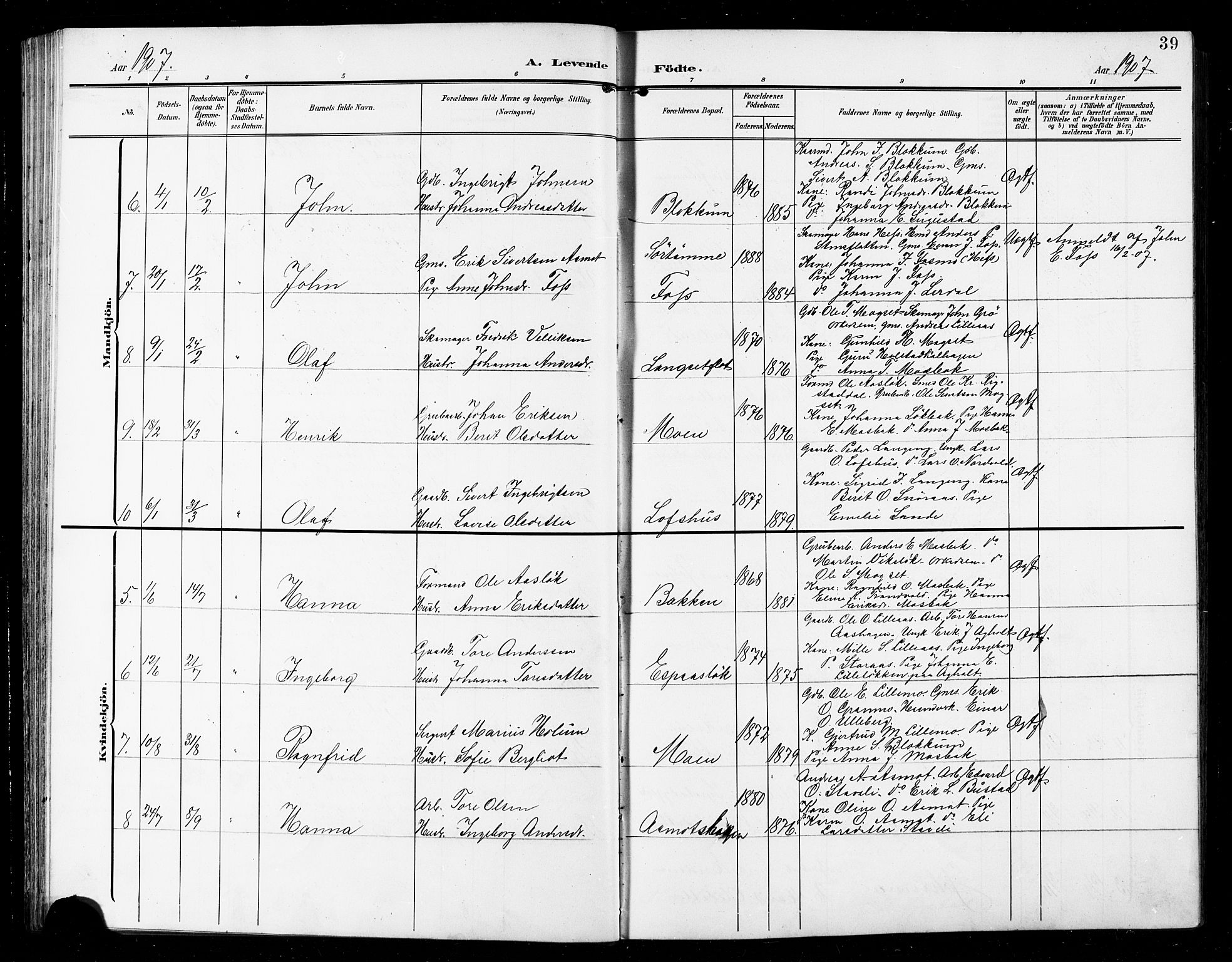 Ministerialprotokoller, klokkerbøker og fødselsregistre - Sør-Trøndelag, SAT/A-1456/672/L0864: Klokkerbok nr. 672C03, 1902-1914, s. 39