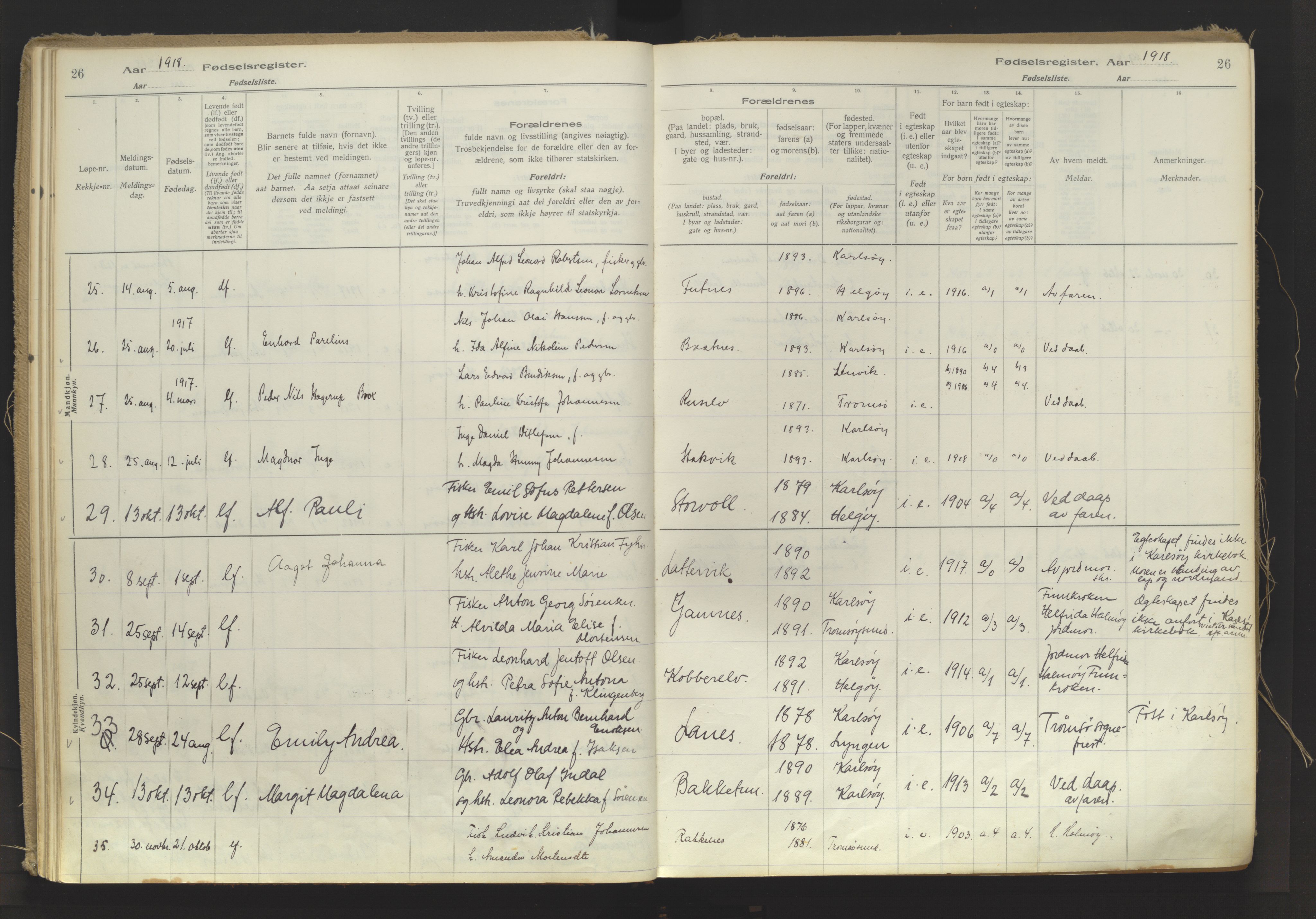 Karlsøy sokneprestembete, AV/SATØ-S-1299/I/Ic/L0064: Fødselsregister nr. 64, 1916-1943, s. 26