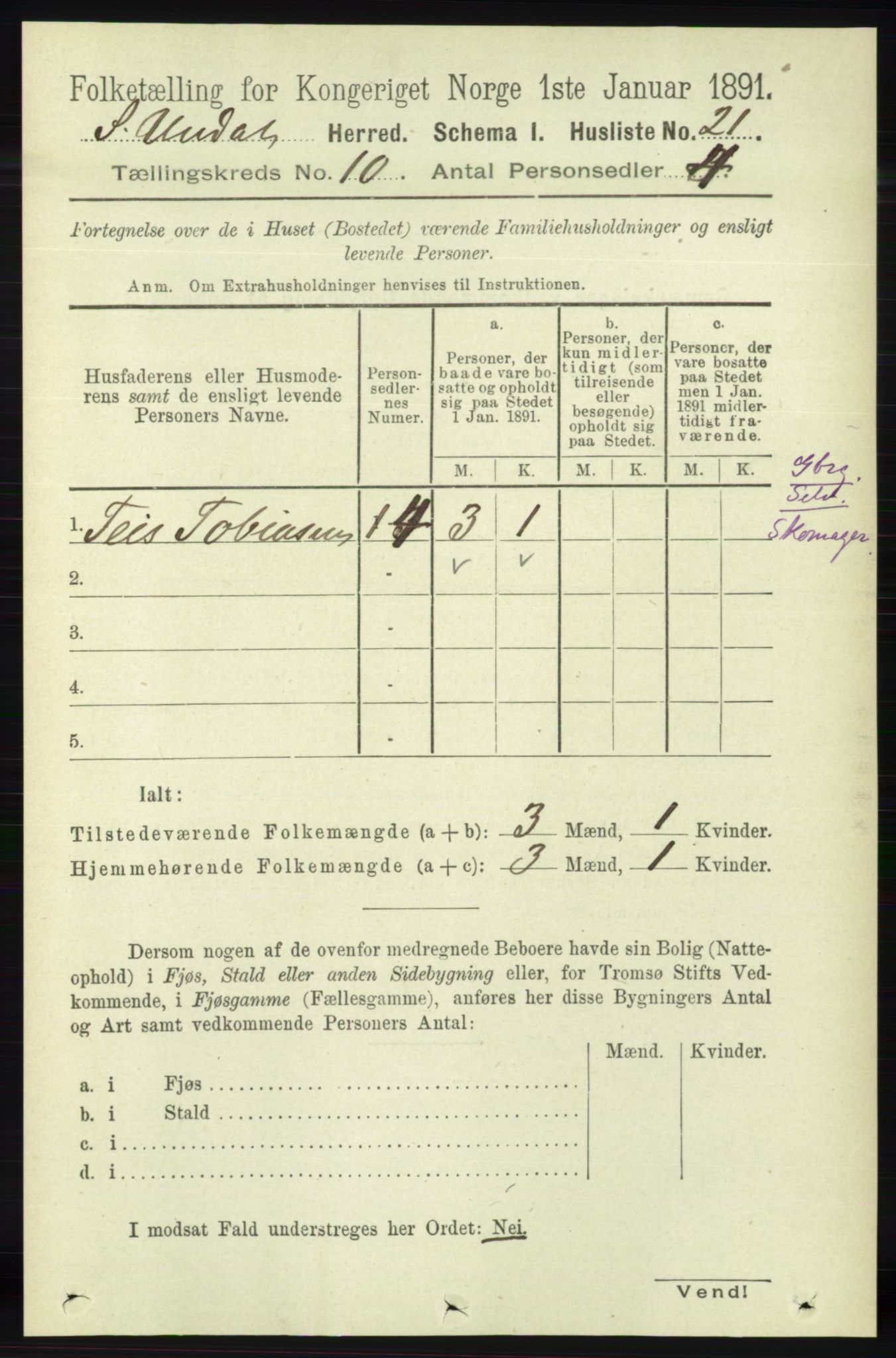 RA, Folketelling 1891 for 1029 Sør-Audnedal herred, 1891, s. 4303