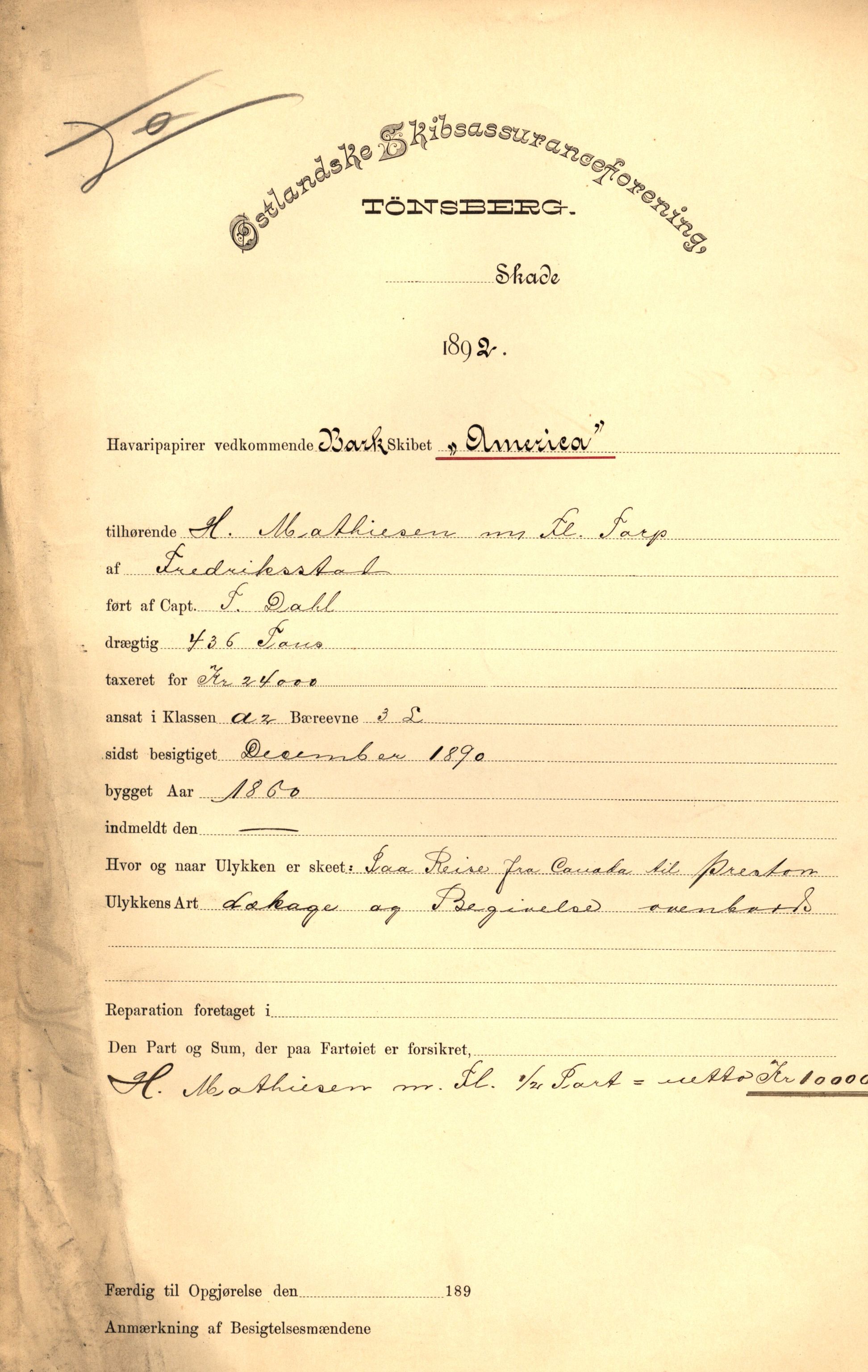 Pa 63 - Østlandske skibsassuranceforening, VEMU/A-1079/G/Ga/L0028/0002: Havaridokumenter / Marie, Favorit, Tabor, Sylphiden, Berthel, America, 1892, s. 93