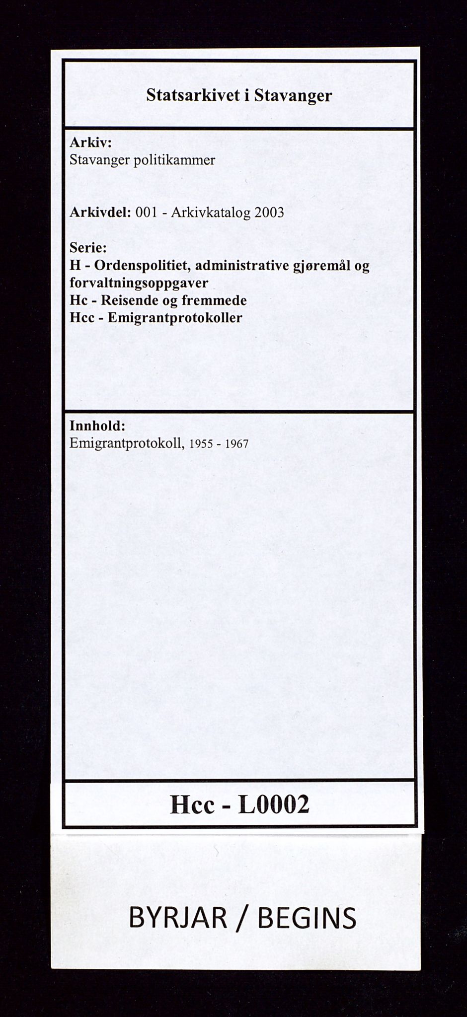 Stavanger politikammer, SAST/A-100361/001/H/Hc/Hcc/L0002: Emigrantprotokoll, 1955-1970, s. 1