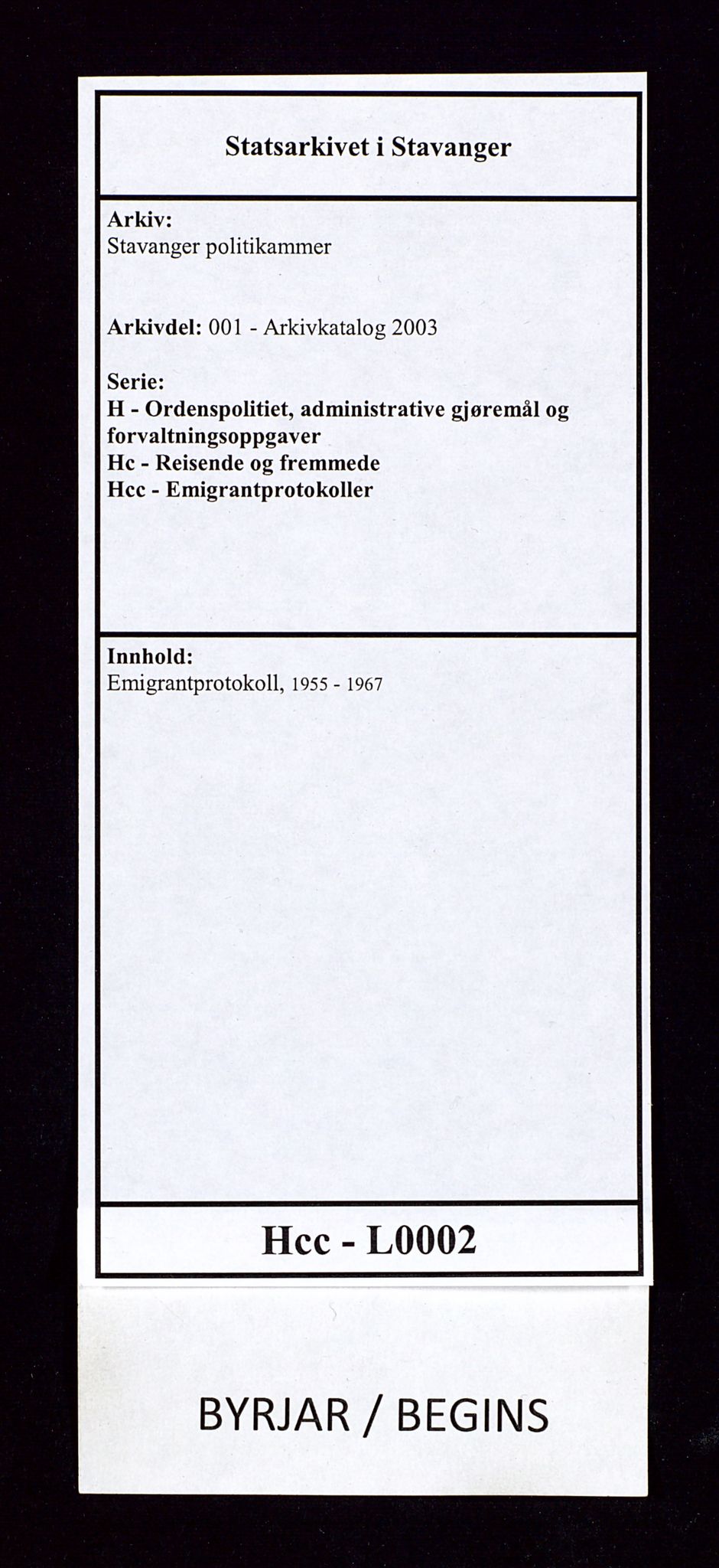 Stavanger politikammer, AV/SAST-A-100361/001/H/Hc/Hcc/L0002: Emigrantprotokoll, 1955-1970, s. 1