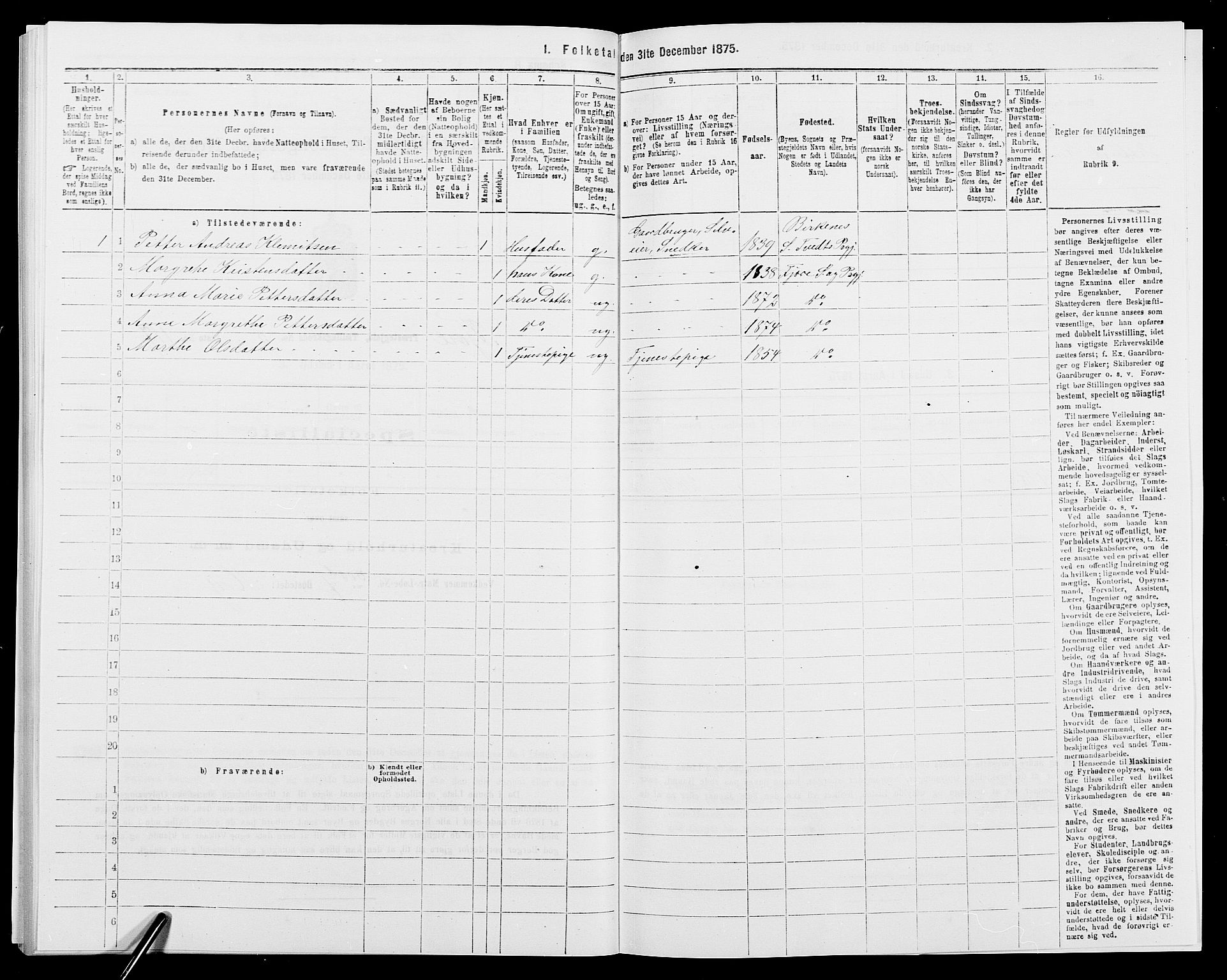 SAK, Folketelling 1875 for 0923L Fjære prestegjeld, Fjære sokn, 1875, s. 1384