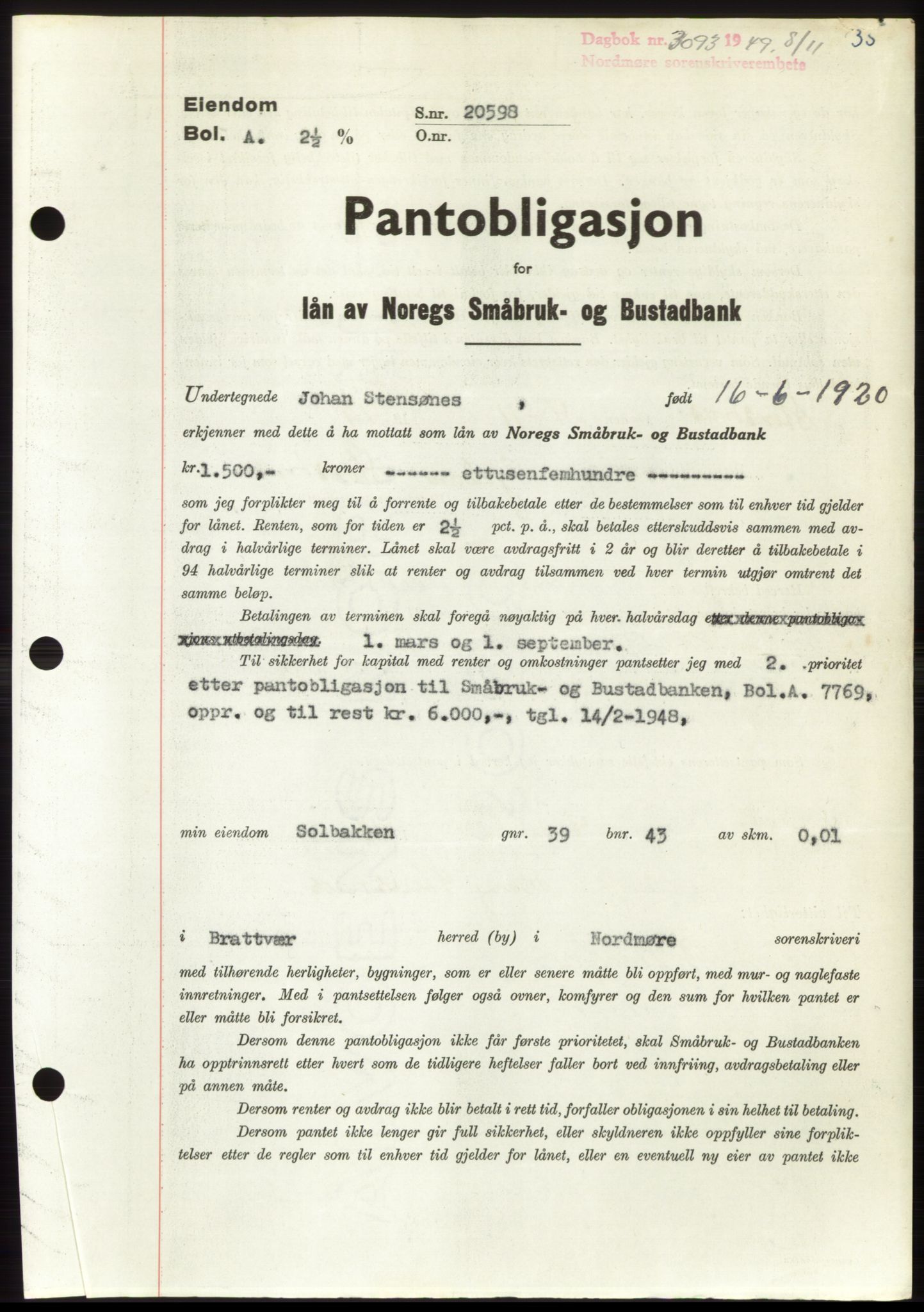 Nordmøre sorenskriveri, SAT/A-4132/1/2/2Ca: Pantebok nr. B103, 1949-1950, Dagboknr: 3093/1949