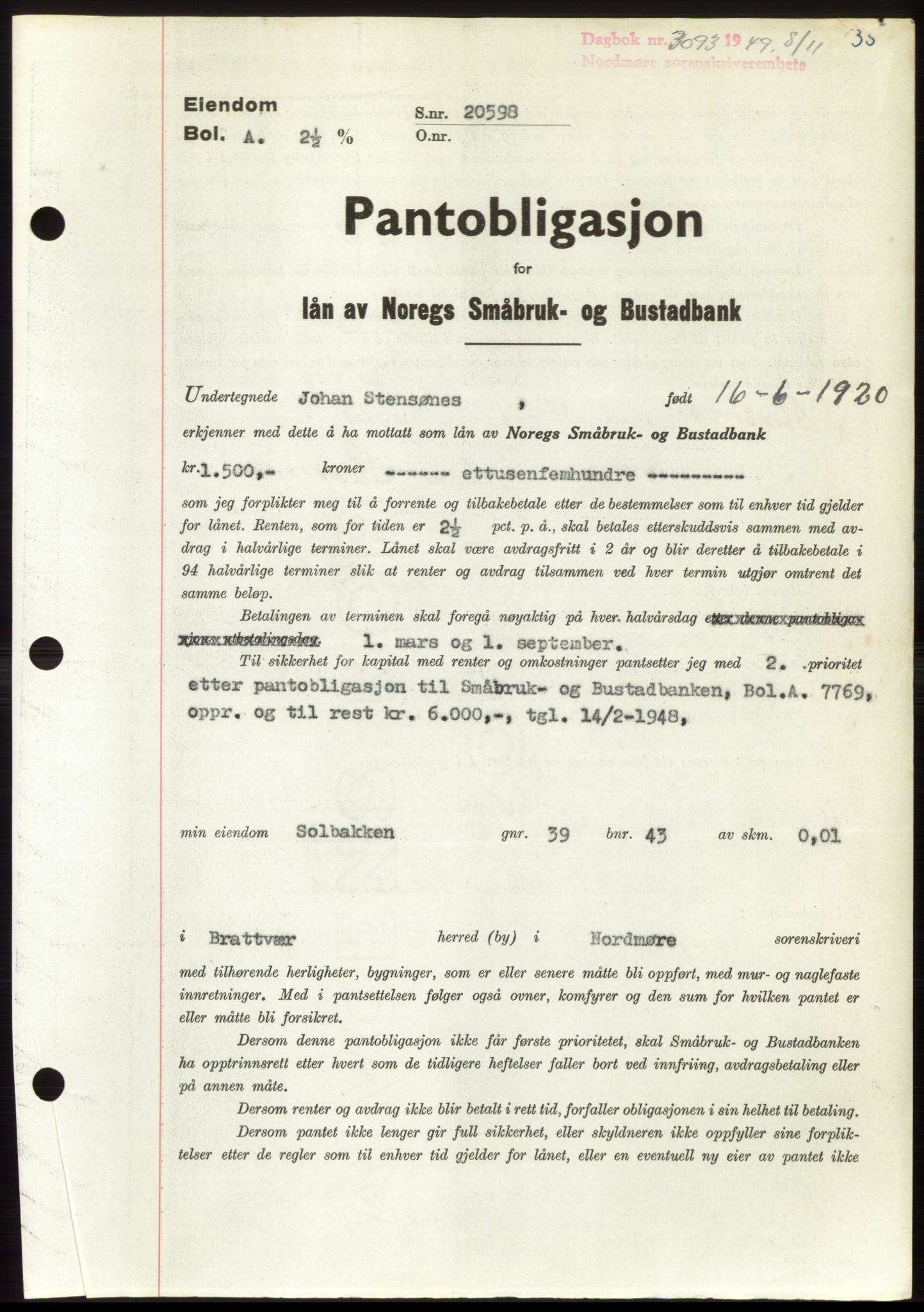 Nordmøre sorenskriveri, AV/SAT-A-4132/1/2/2Ca: Pantebok nr. B103, 1949-1950, Dagboknr: 3093/1949