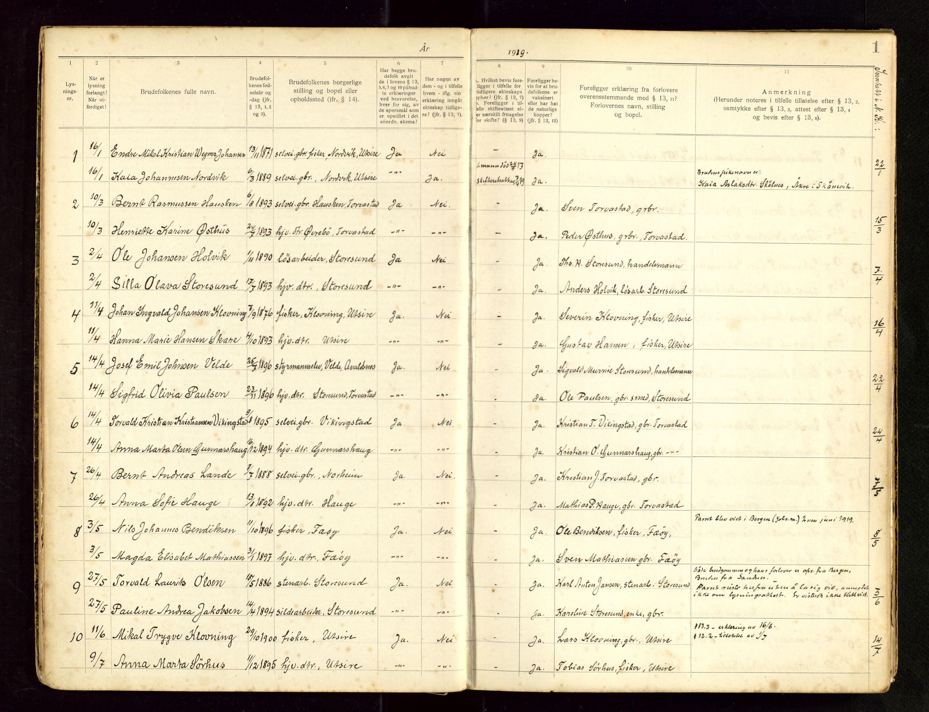 Torvastad sokneprestkontor, SAST/A -101857/I/Ie/L0004: Lysningsprotokoll nr. 4, 1919-1958, s. 1