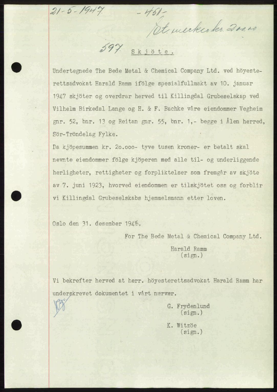Gauldal sorenskriveri, SAT/A-0014/1/2/2C: Pantebok nr. A3, 1947-1947, Dagboknr: 597/1947