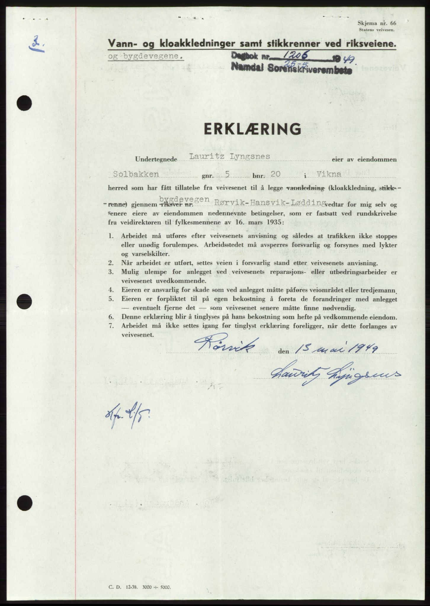 Namdal sorenskriveri, SAT/A-4133/1/2/2C: Pantebok nr. -, 1949-1949, Dagboknr: 1206/1949
