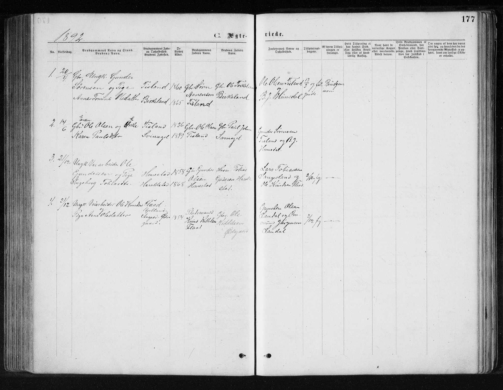 Holum sokneprestkontor, AV/SAK-1111-0022/F/Fb/Fbb/L0003: Klokkerbok nr. B 3, 1875-1898, s. 177