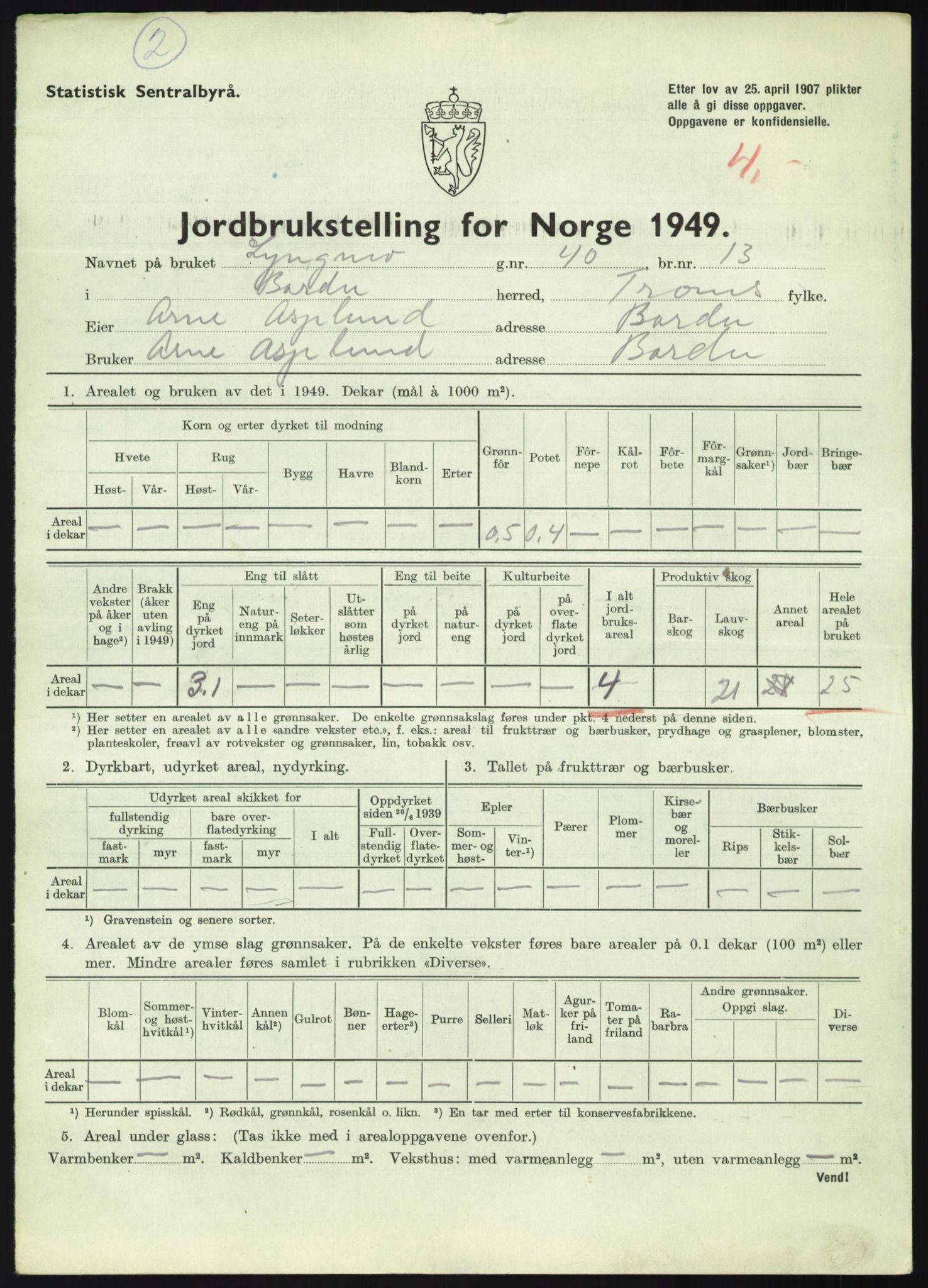 Statistisk sentralbyrå, Næringsøkonomiske emner, Jordbruk, skogbruk, jakt, fiske og fangst, AV/RA-S-2234/G/Gc/L0438: Troms: Salangen og Bardu, 1949, s. 939
