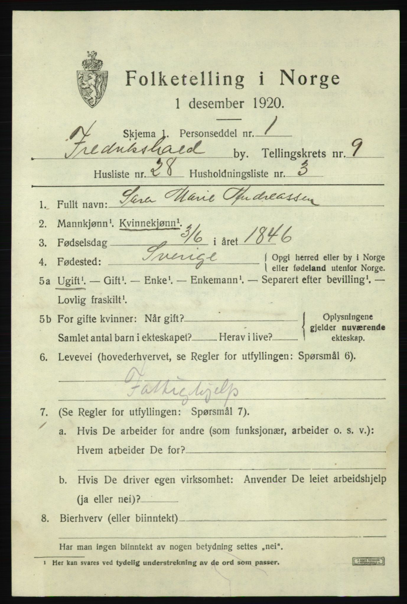 SAO, Folketelling 1920 for 0101 Fredrikshald kjøpstad, 1920, s. 16461