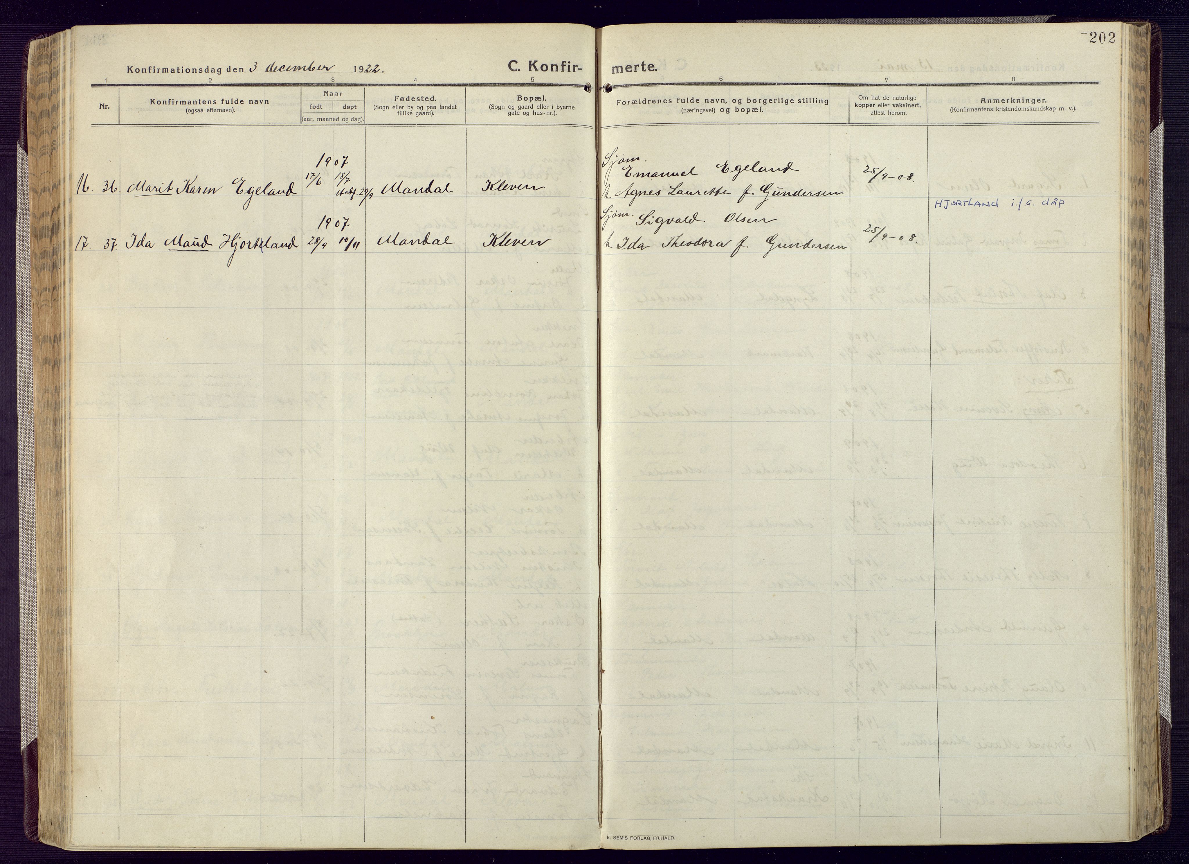 Mandal sokneprestkontor, SAK/1111-0030/F/Fa/Fac/L0001: Ministerialbok nr. A 1, 1913-1925, s. 202