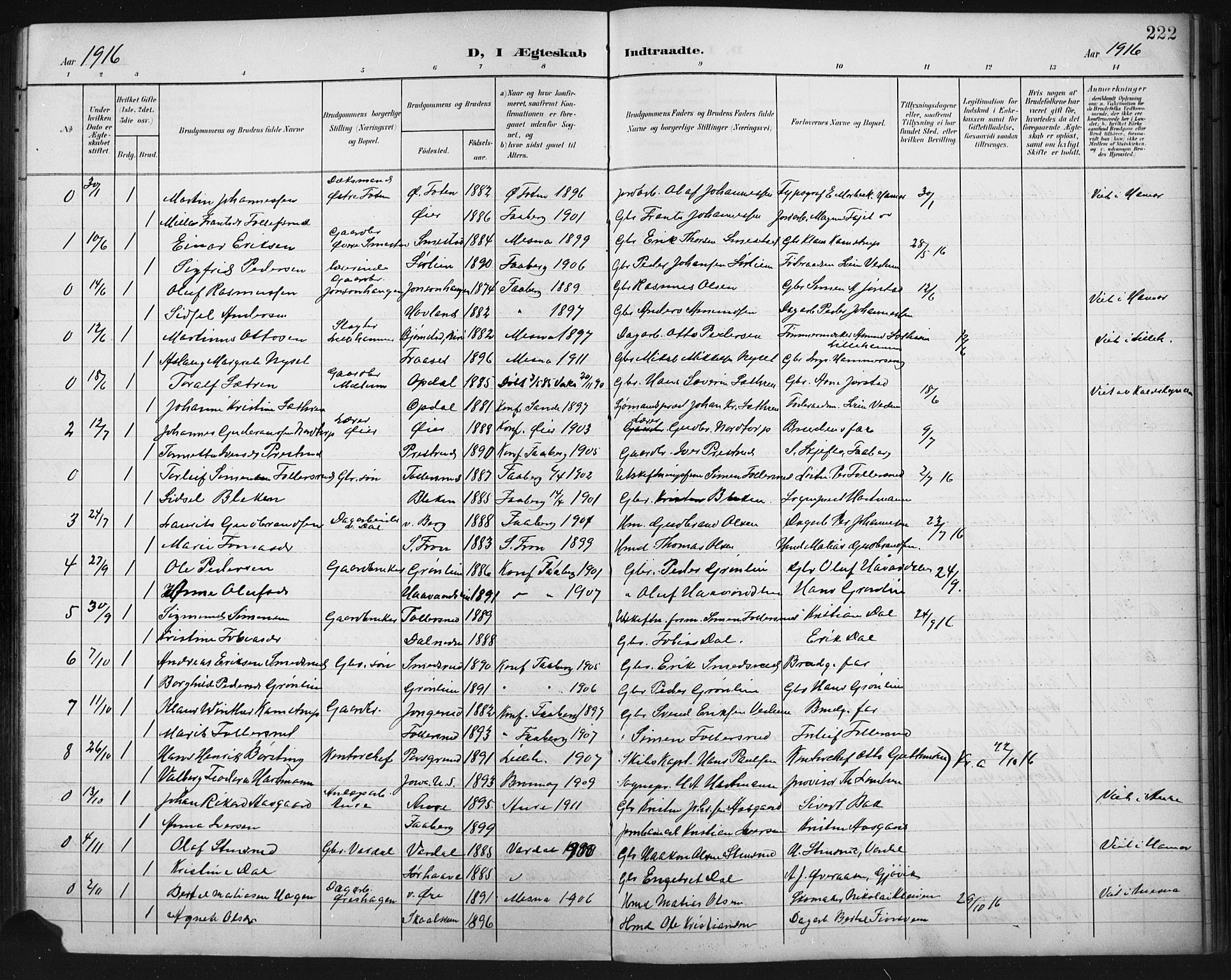 Fåberg prestekontor, AV/SAH-PREST-086/H/Ha/Hab/L0011: Klokkerbok nr. 11, 1901-1921, s. 222