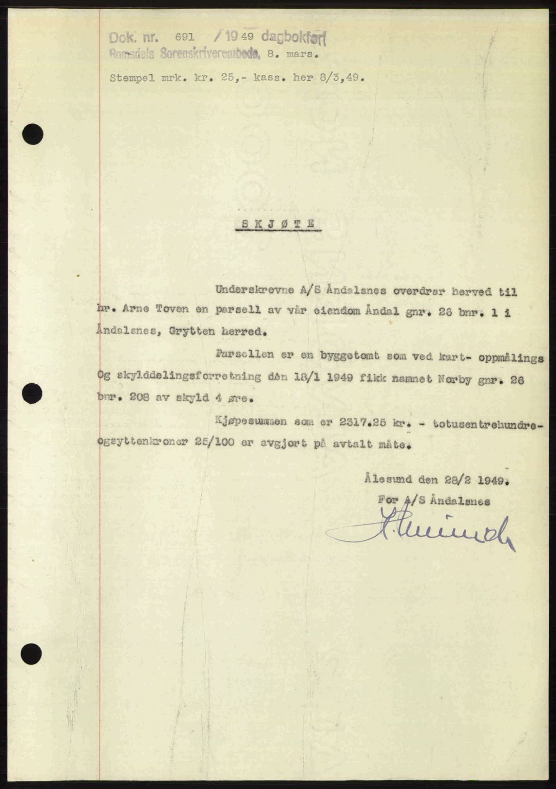 Romsdal sorenskriveri, SAT/A-4149/1/2/2C: Pantebok nr. A29, 1949-1949, Dagboknr: 691/1949