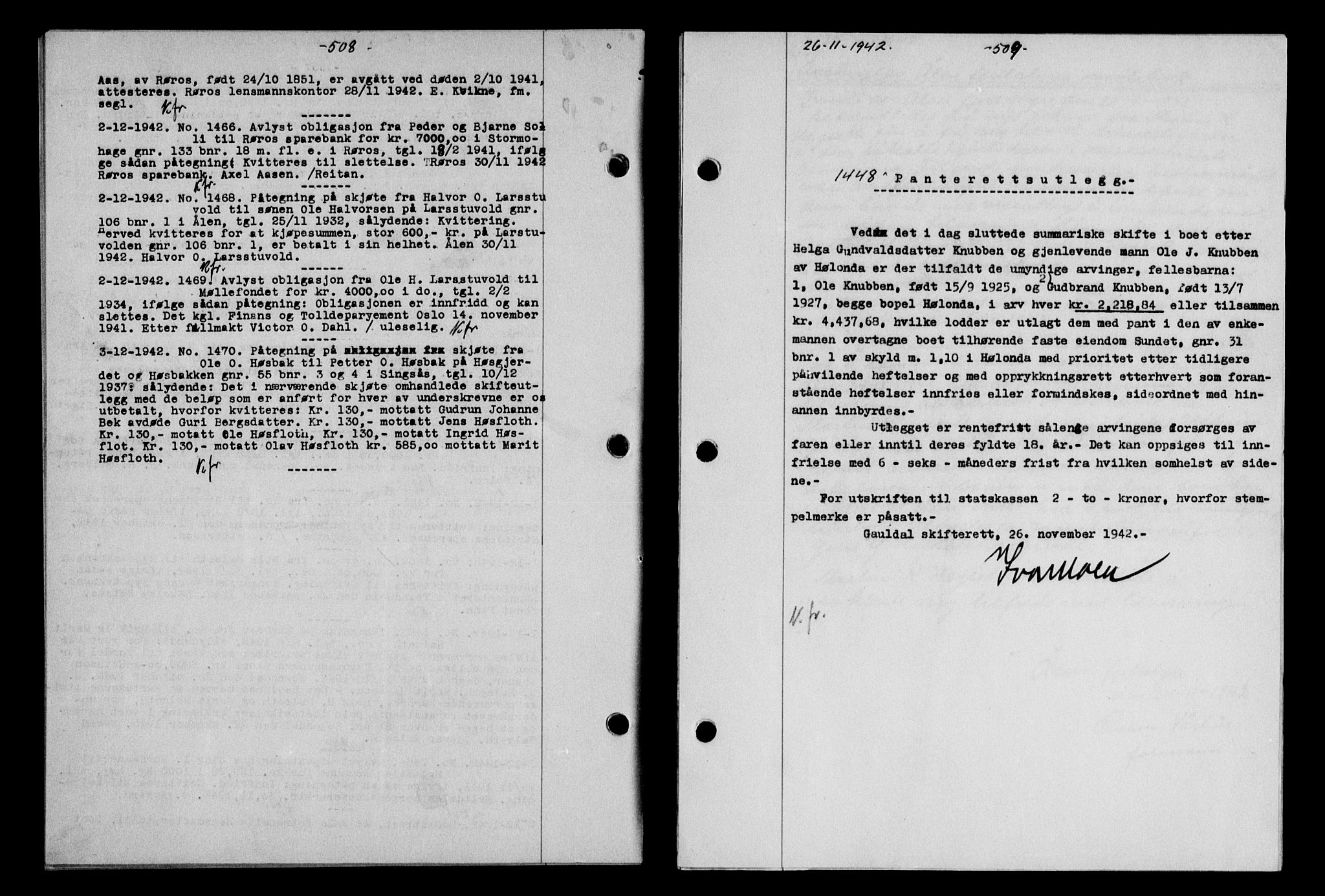 Gauldal sorenskriveri, SAT/A-0014/1/2/2C/L0055: Pantebok nr. 60, 1942-1942, Dagboknr: 1448/1942
