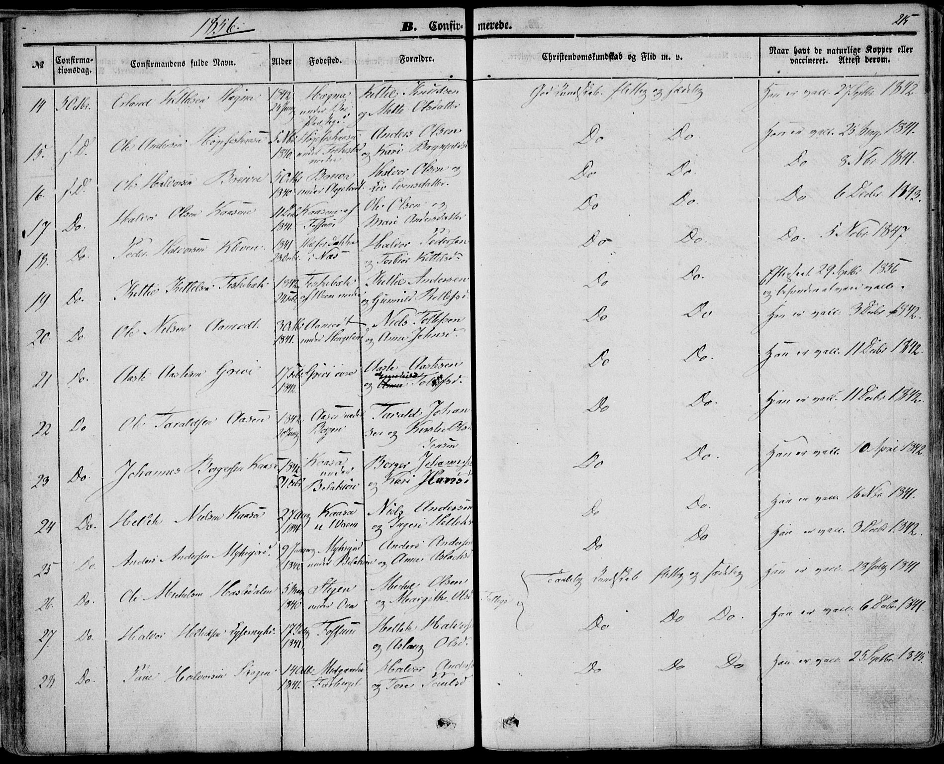 Bø kirkebøker, AV/SAKO-A-257/F/Fa/L0008: Ministerialbok nr. 8, 1849-1861, s. 215