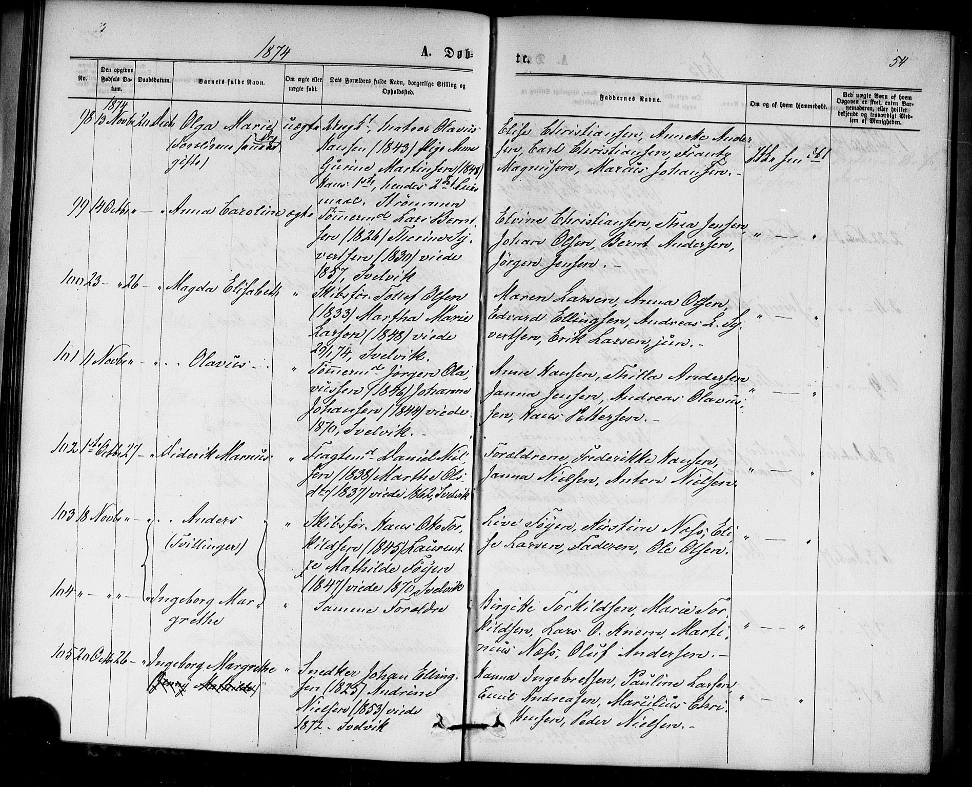 Strømm kirkebøker, AV/SAKO-A-322/F/Fa/L0002: Ministerialbok nr. I 2, 1870-1877, s. 54