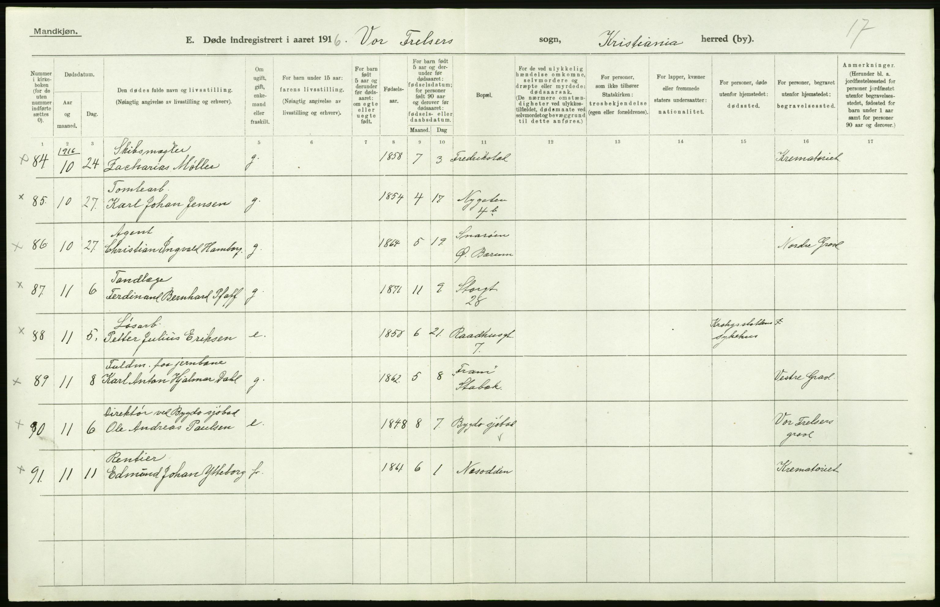 Statistisk sentralbyrå, Sosiodemografiske emner, Befolkning, AV/RA-S-2228/D/Df/Dfb/Dfbf/L0010: Kristiania: Døde, dødfødte., 1916, s. 52