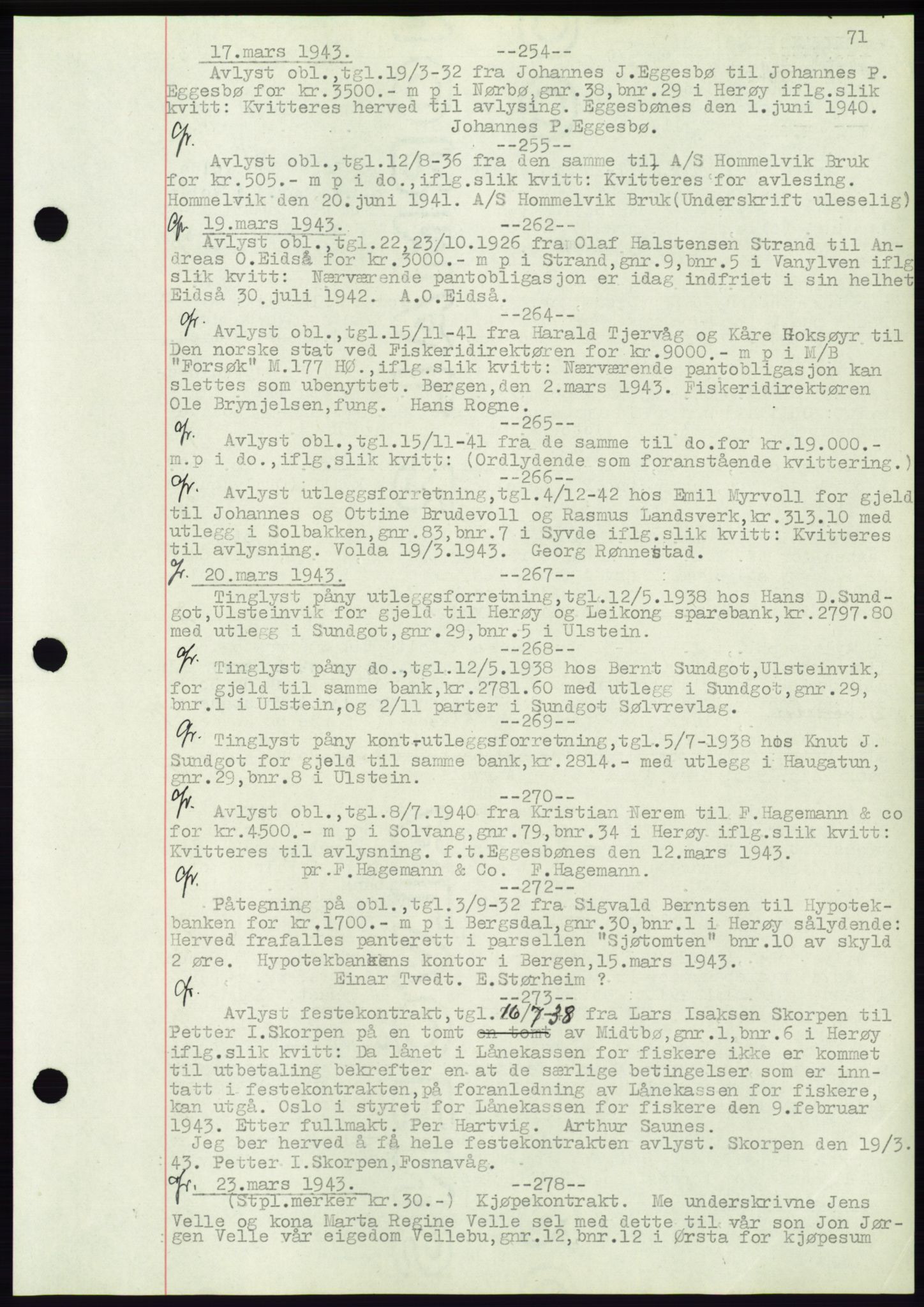 Søre Sunnmøre sorenskriveri, SAT/A-4122/1/2/2C/L0072: Pantebok nr. 66, 1941-1955, Dagboknr: 254/1943