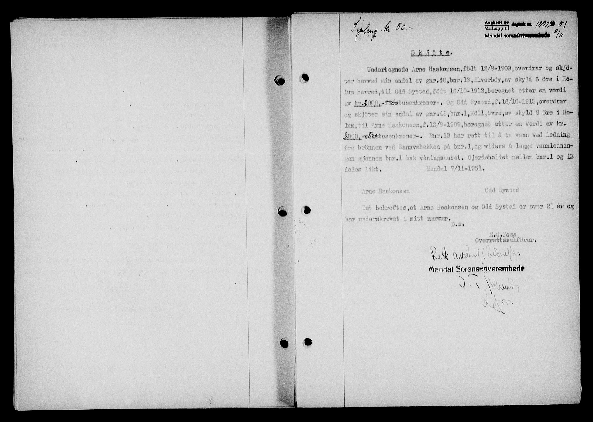 Mandal sorenskriveri, SAK/1221-0005/001/G/Gb/Gba/L0084: Pantebok nr. A-21, 1951-1951, Dagboknr: 1292/1951