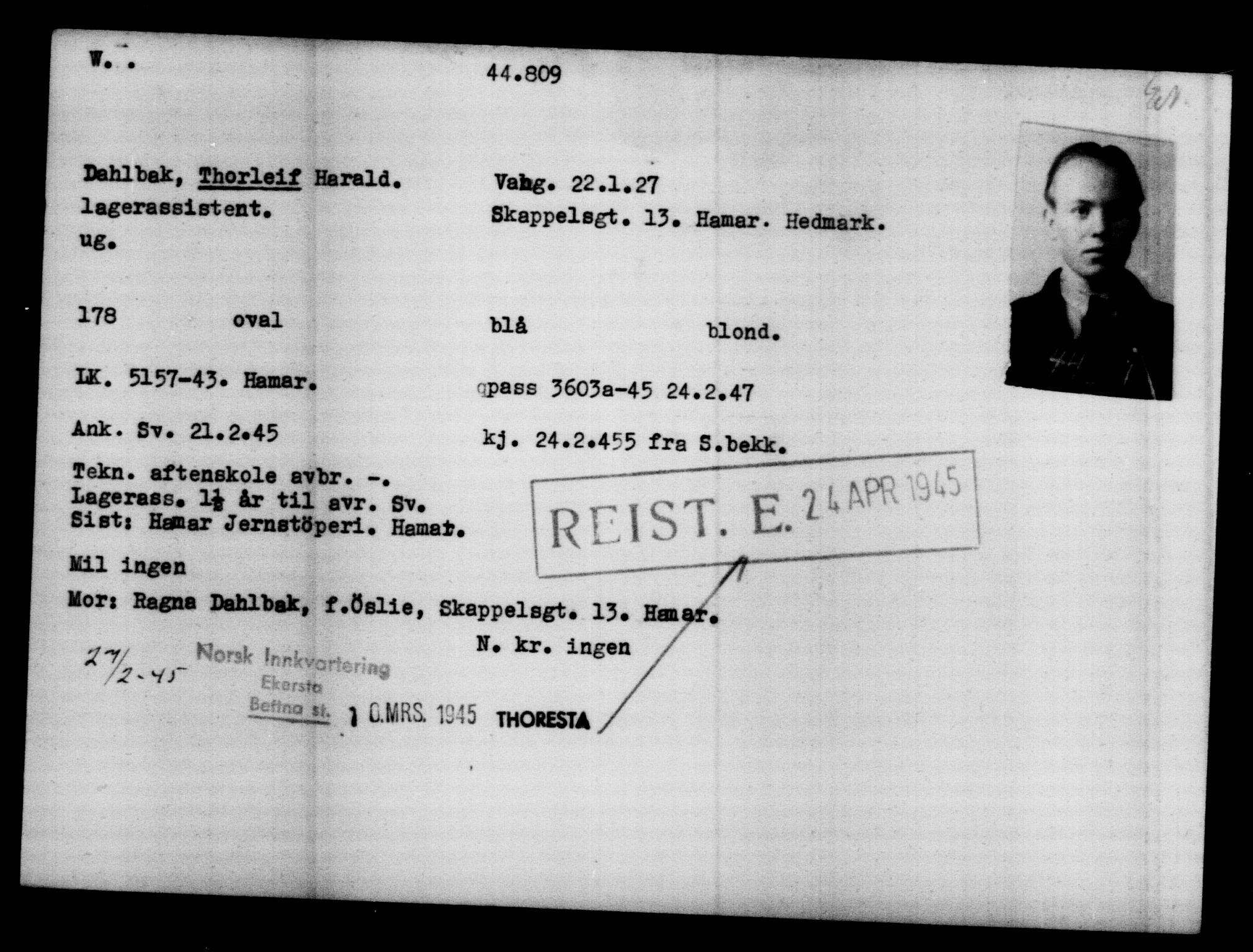 Utenriksstasjonene, Legasjonen i Stockholm, Flyktningkontoret, AV/RA-S-6753/V/Va/L0017: Kjesäterkartoteket, flyktninger med registreringsnr. 43400-46318, 1940-1945, s. 1478